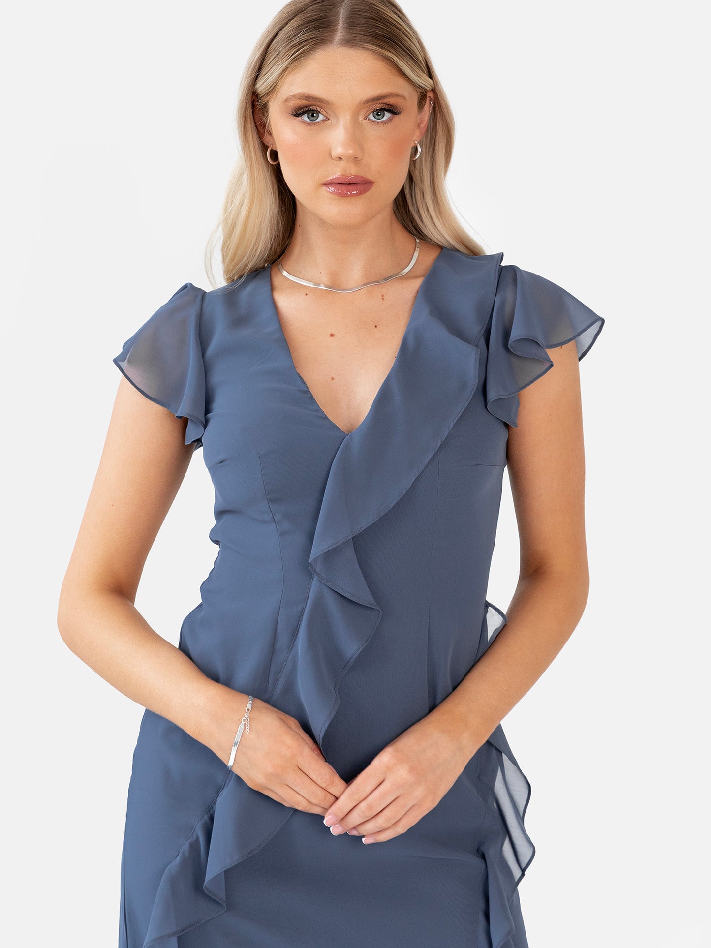 Anaya With Love Recycled Vintage Indigo Waterfall Ruffle Maxi Dress