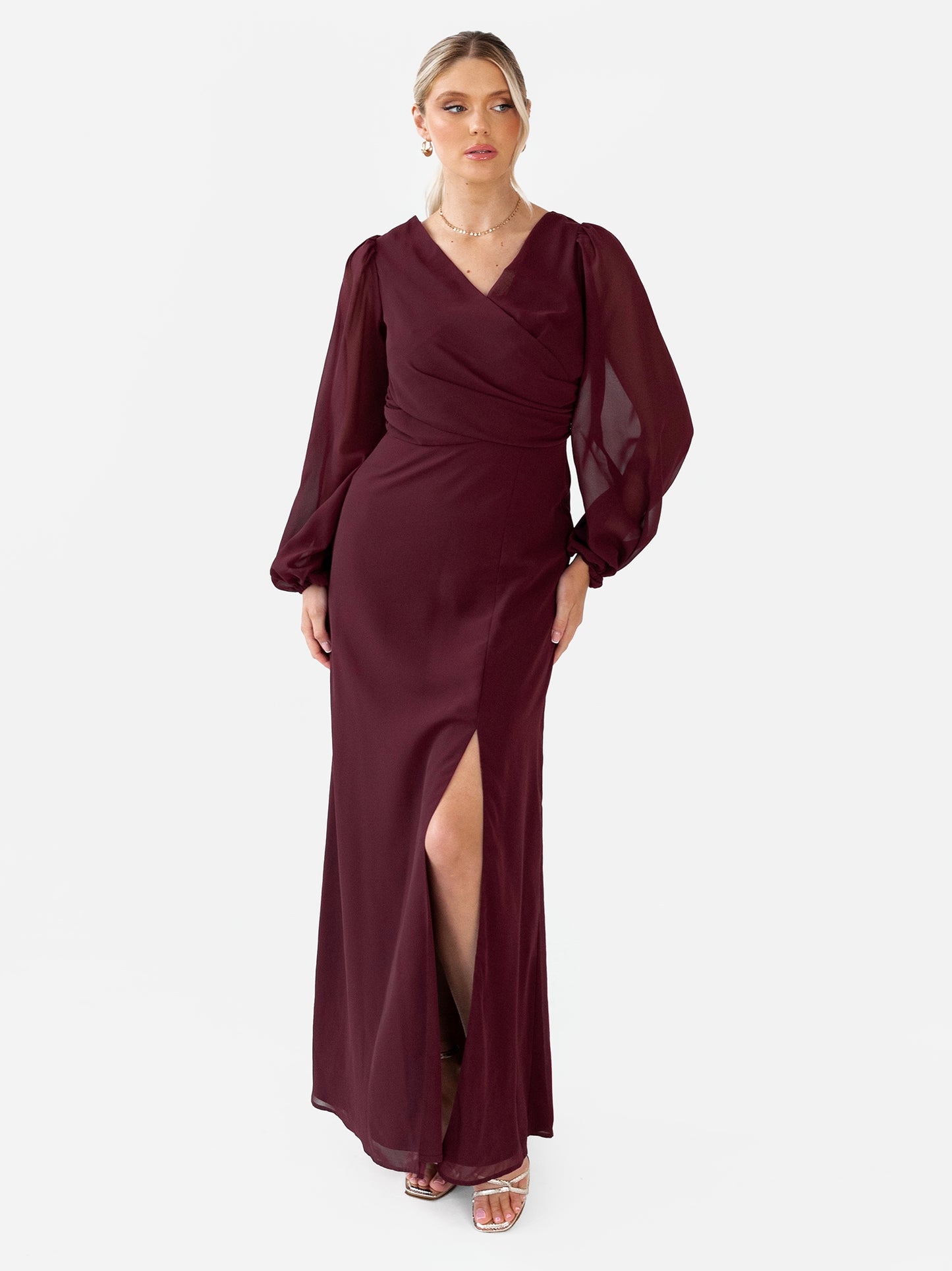 Anaya With Love Recycled Maroon Faux Wrap Blouson Sleeve Maxi Dress