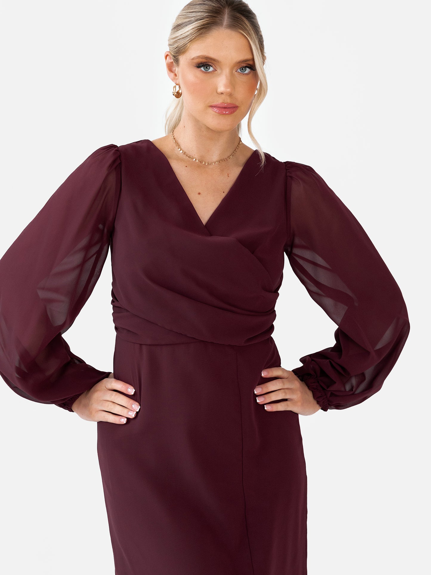Anaya With Love Recycled Maroon Faux Wrap Blouson Sleeve Maxi Dress