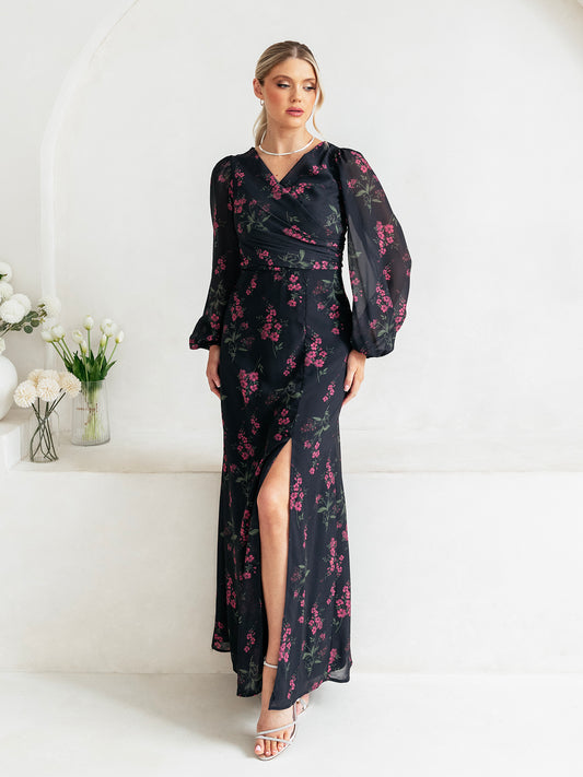 Anaya With Love Recycled Black Floral Faux Wrap Long Sleeve Maxi Dress