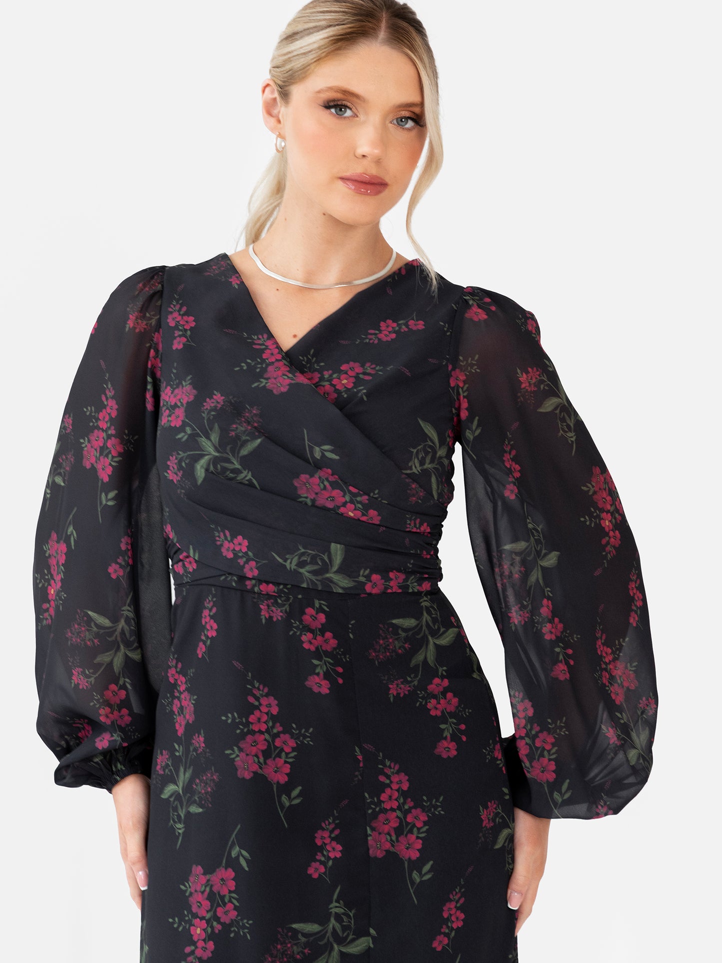 Anaya With Love Recycled Black Floral Faux Wrap Long Sleeve Maxi Dress