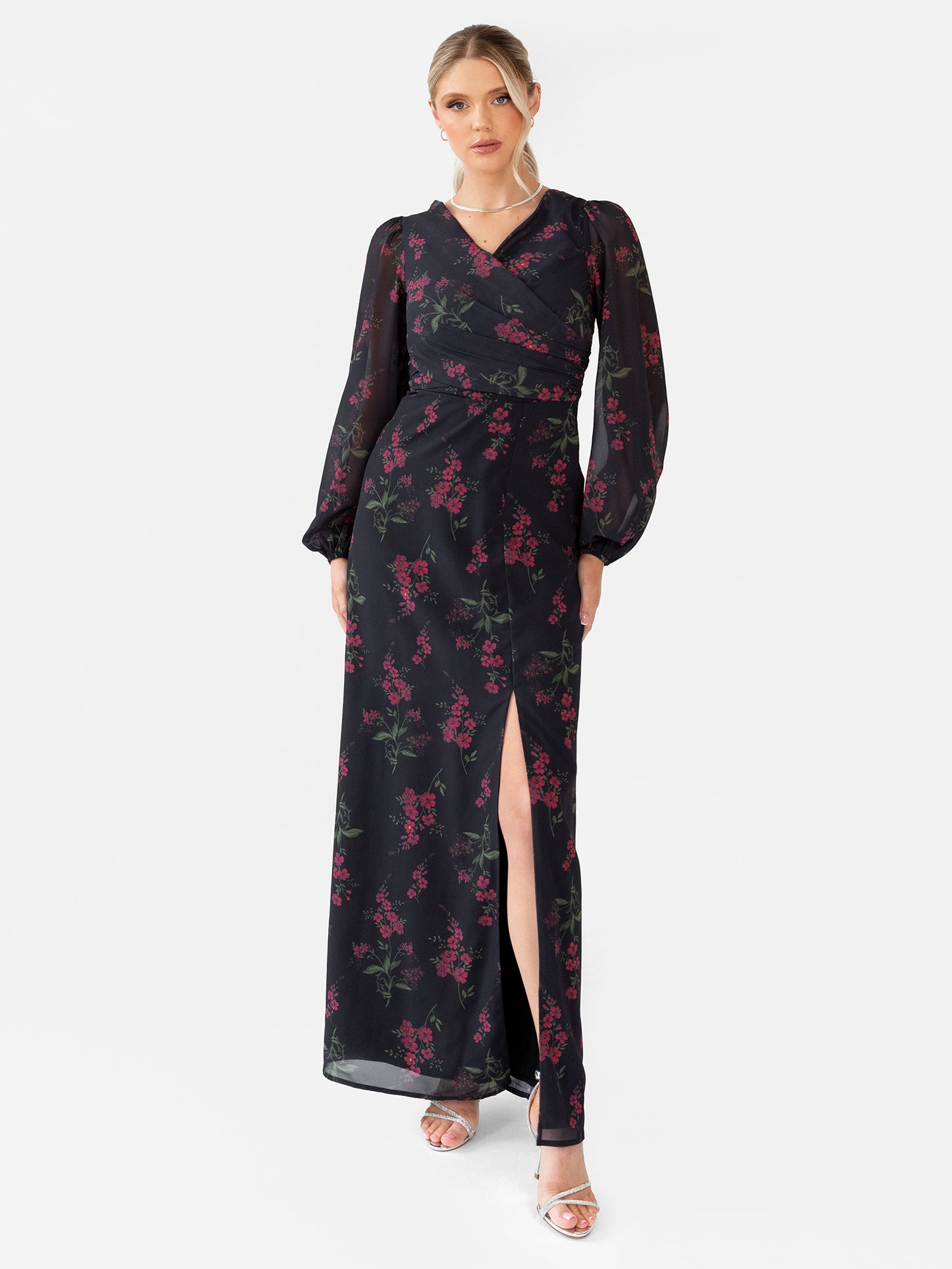 Anaya With Love Recycled Black Floral Faux Wrap Long Sleeve Maxi Dress