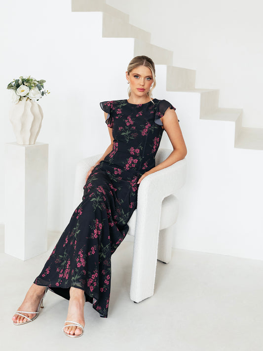 Anaya With Love Black Floral Flutter Sleeve Maxi Dress with Self-Tie Back