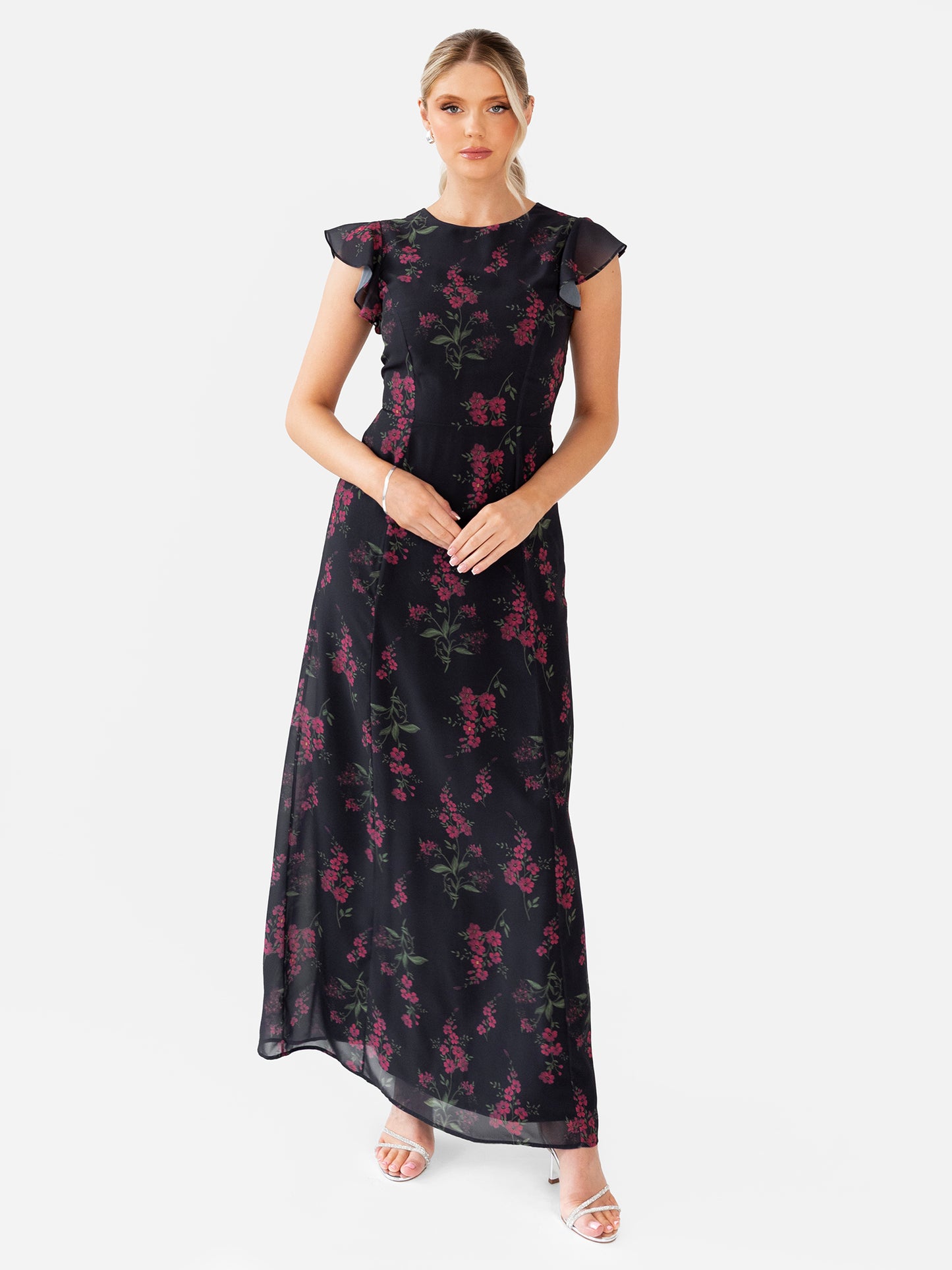 Anaya With Love Black Floral Flutter Sleeve Maxi Dress with Self-Tie Back