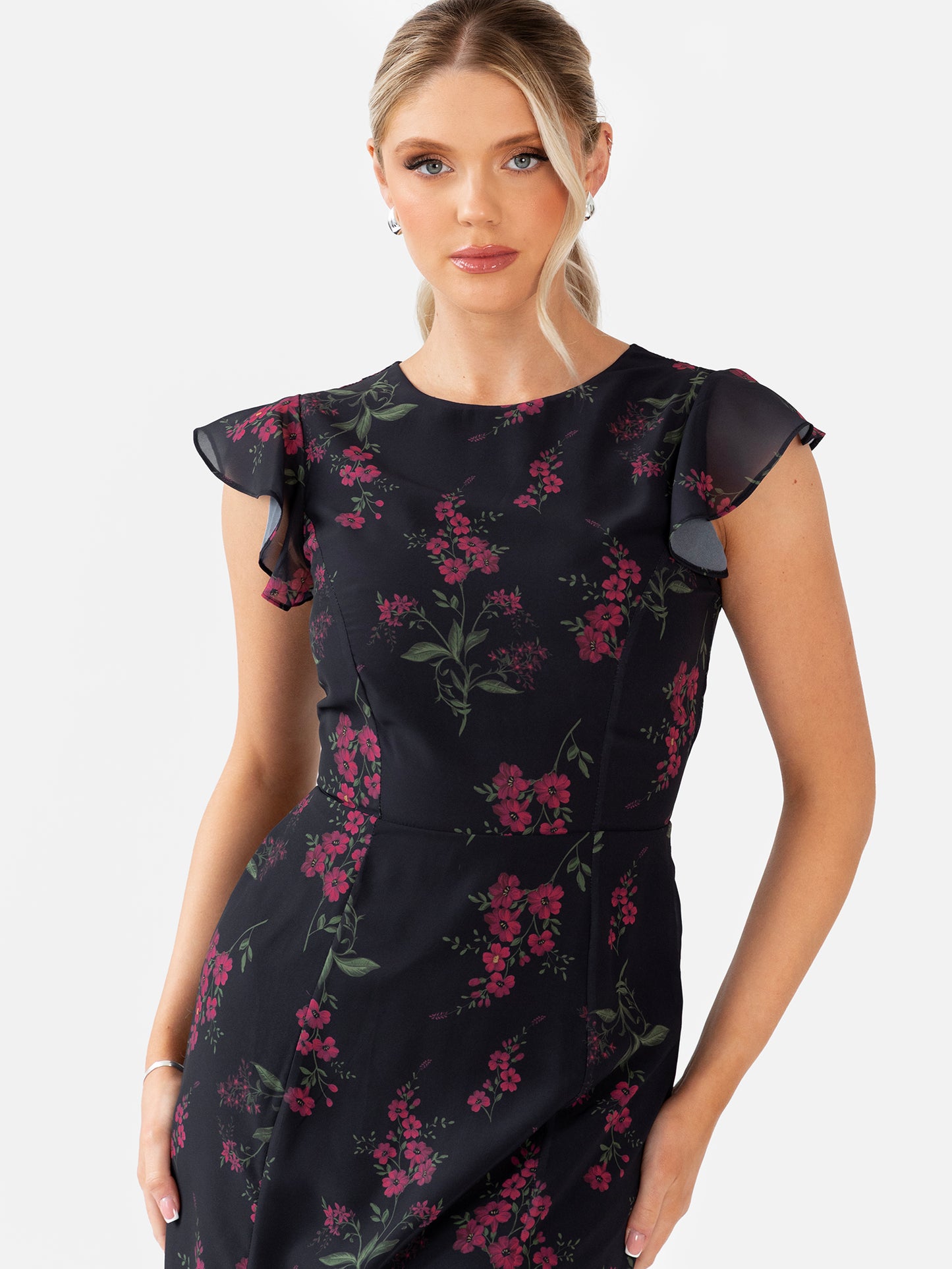 Anaya With Love Black Floral Flutter Sleeve Maxi Dress with Self-Tie Back