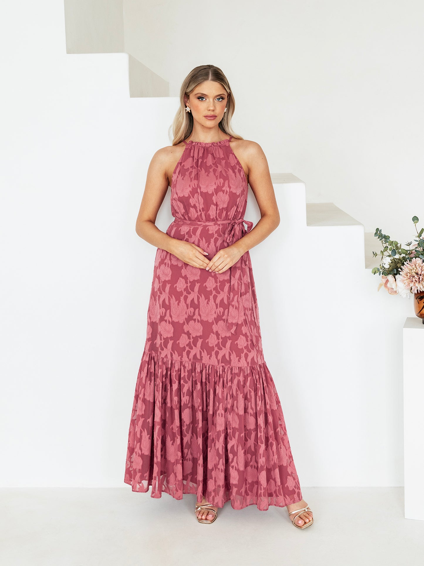 Anaya With Love Recycled Garnet Rose Frill Halter Neck Maxi Dress with Sash Belt