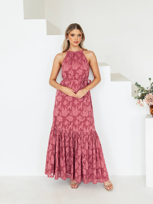 Anaya With Love Recycled Garnet Rose Frill Halter Neck Maxi Dress with Sash Belt