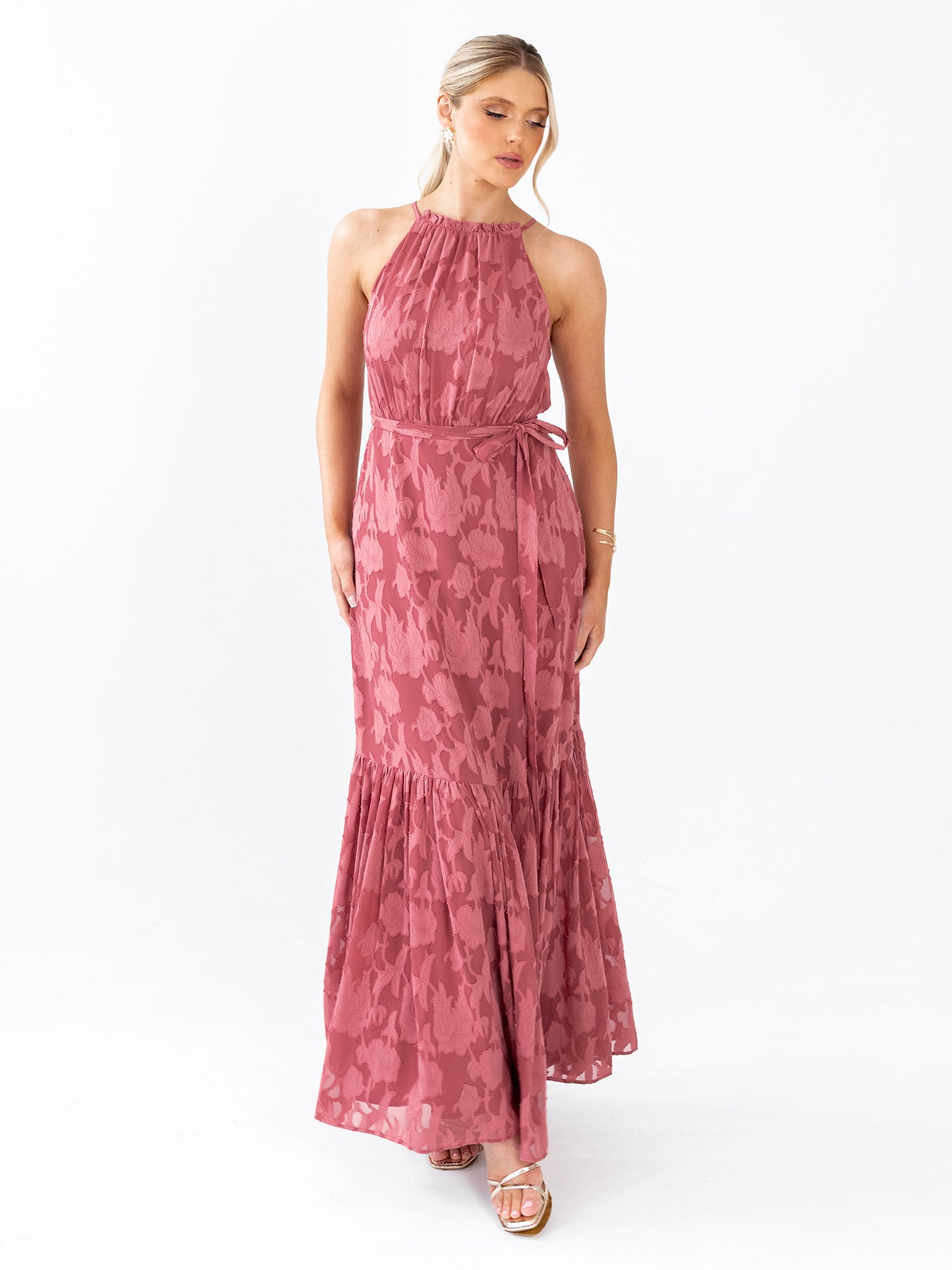 Anaya With Love Recycled Garnet Rose Frill Halter Neck Maxi Dress with Sash Belt