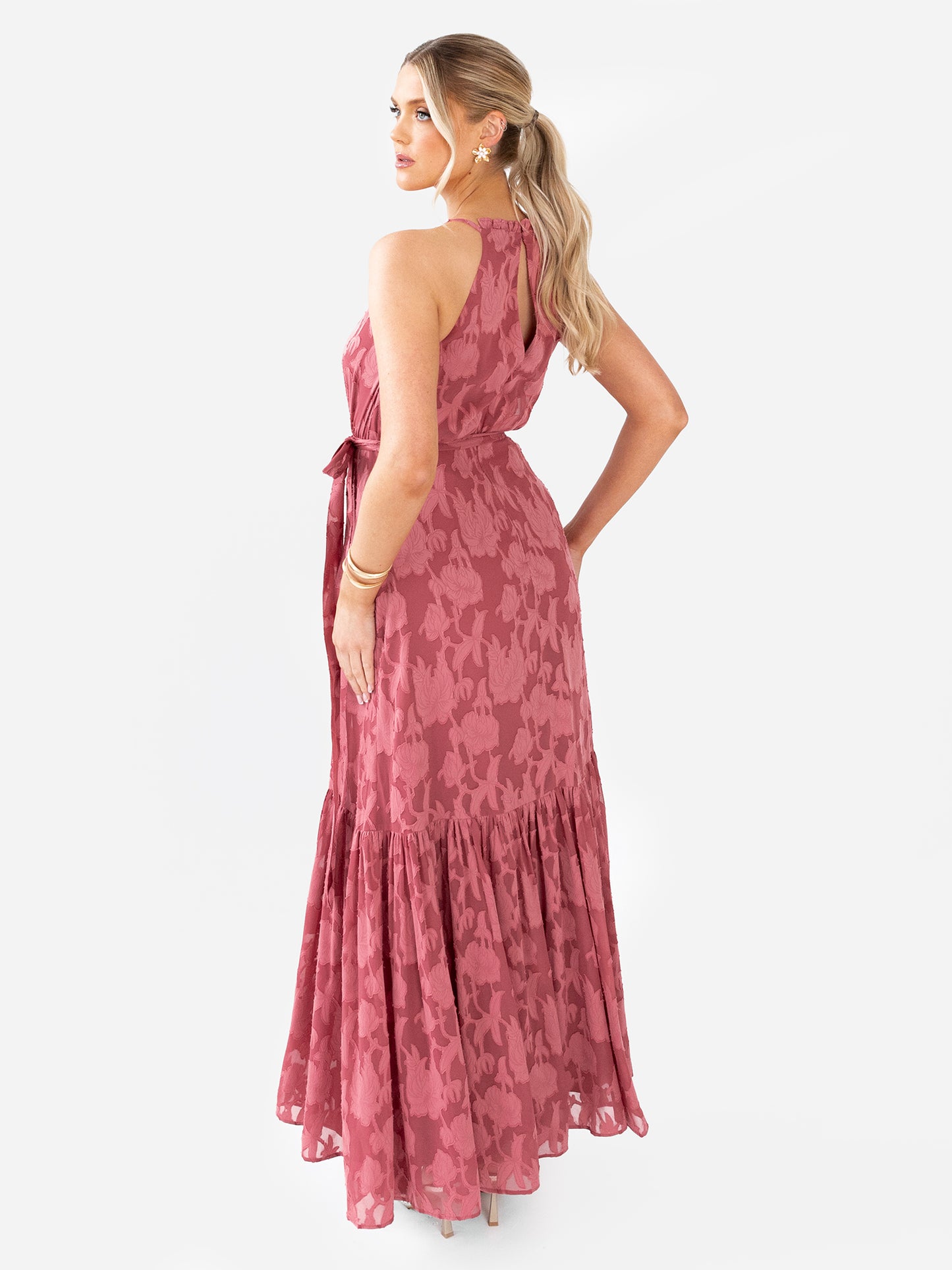 Anaya With Love Recycled Garnet Rose Frill Halter Neck Maxi Dress with Sash Belt