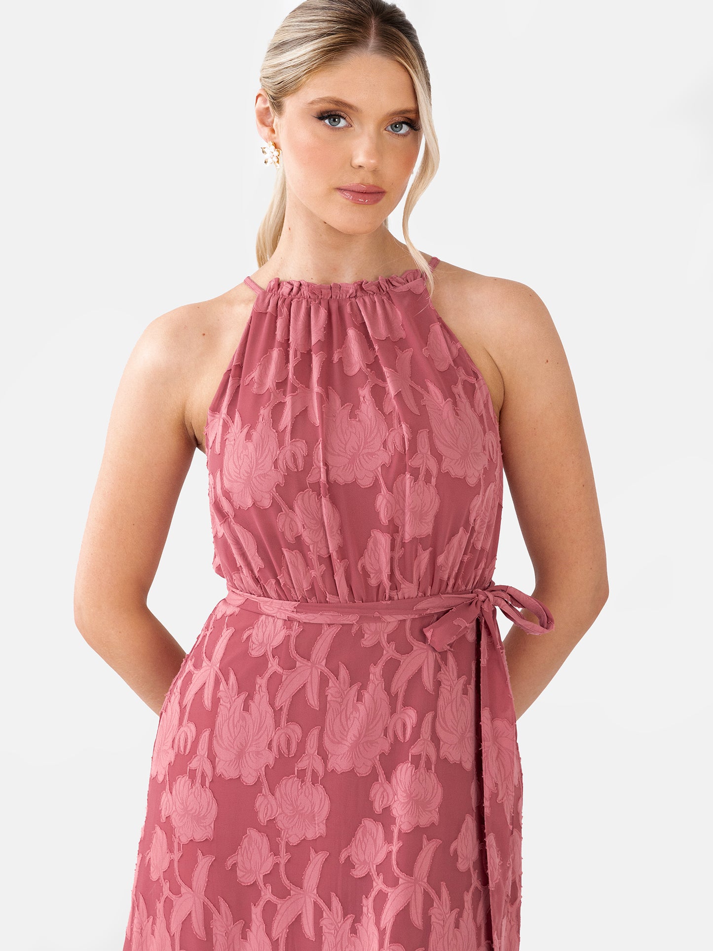 Anaya With Love Recycled Garnet Rose Frill Halter Neck Maxi Dress with Sash Belt