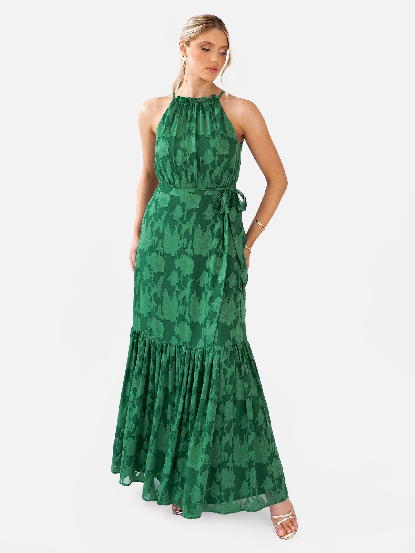 Anaya With Love Recycled Alpine Green Frilled Halter Neck Maxi Dress