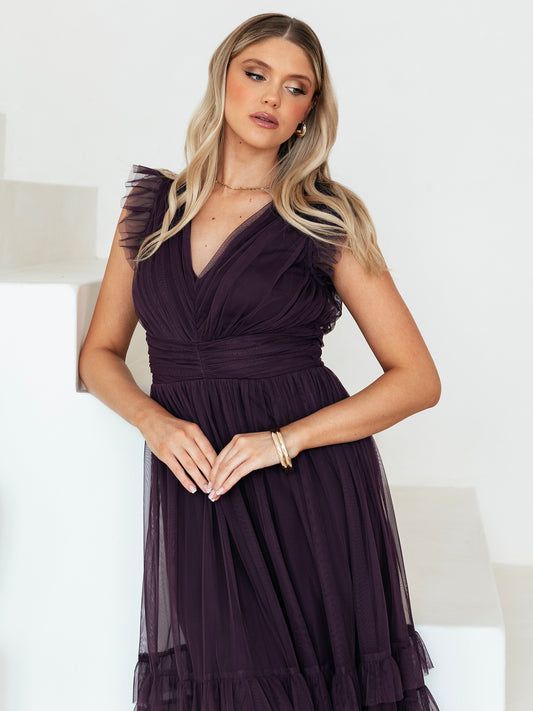 Anaya With Love Recycled Fig Flutter Sleeve Ruffle Maxi Dress