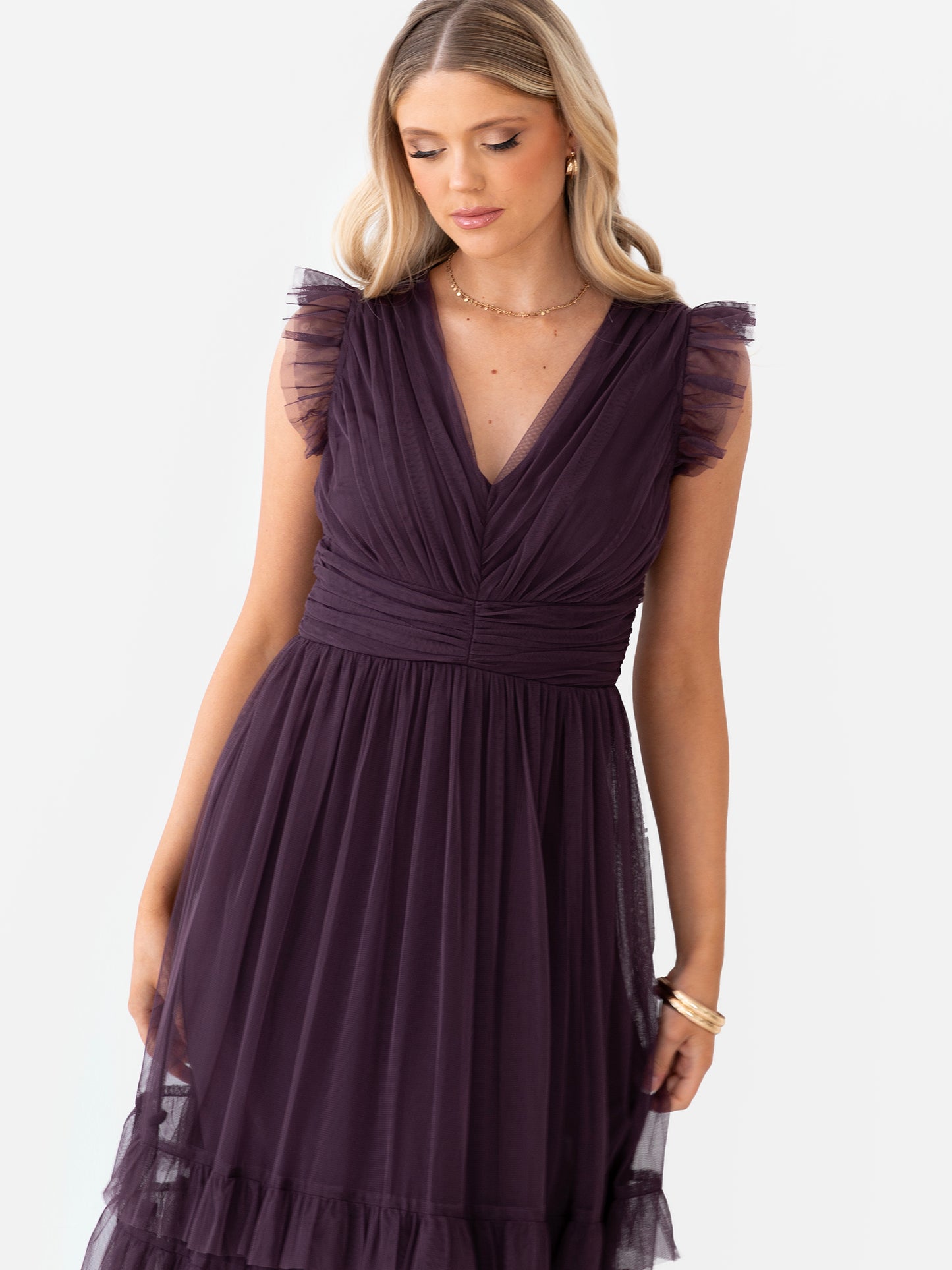 Anaya With Love Recycled Fig Flutter Sleeve Ruffle Maxi Dress