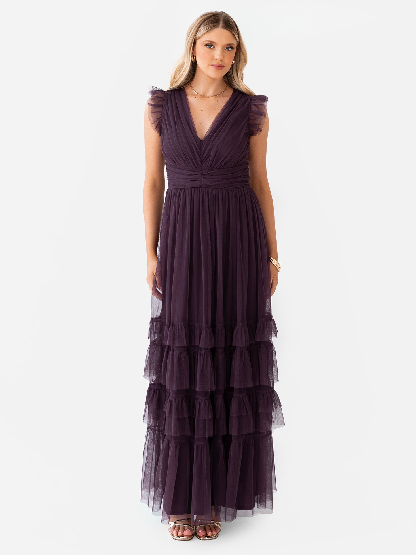 Anaya With Love Recycled Fig Flutter Sleeve Ruffle Maxi Dress