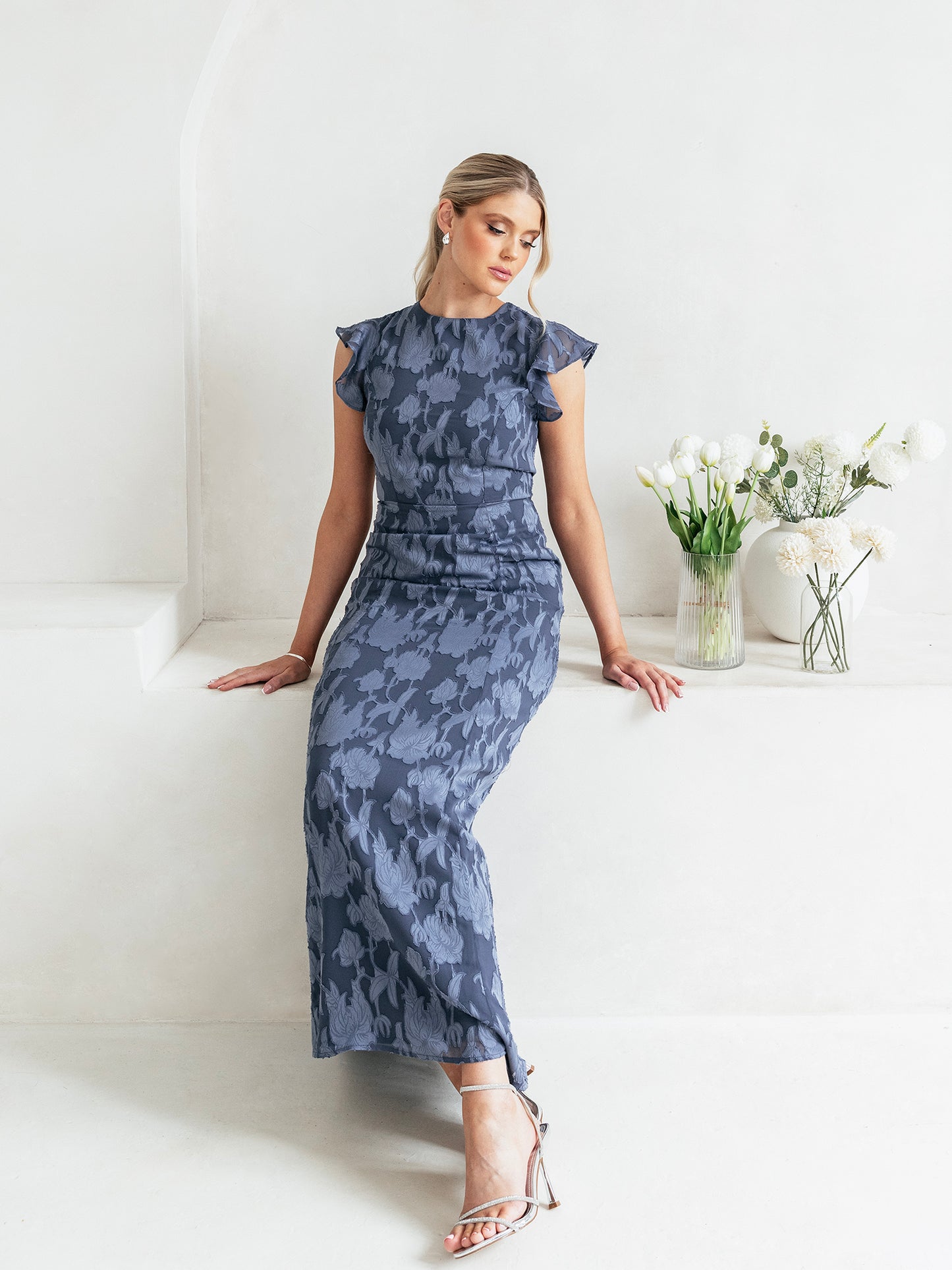 Anaya With Love Storm Blue Flutter Sleeve Maxi Dress with Self-Tie Back