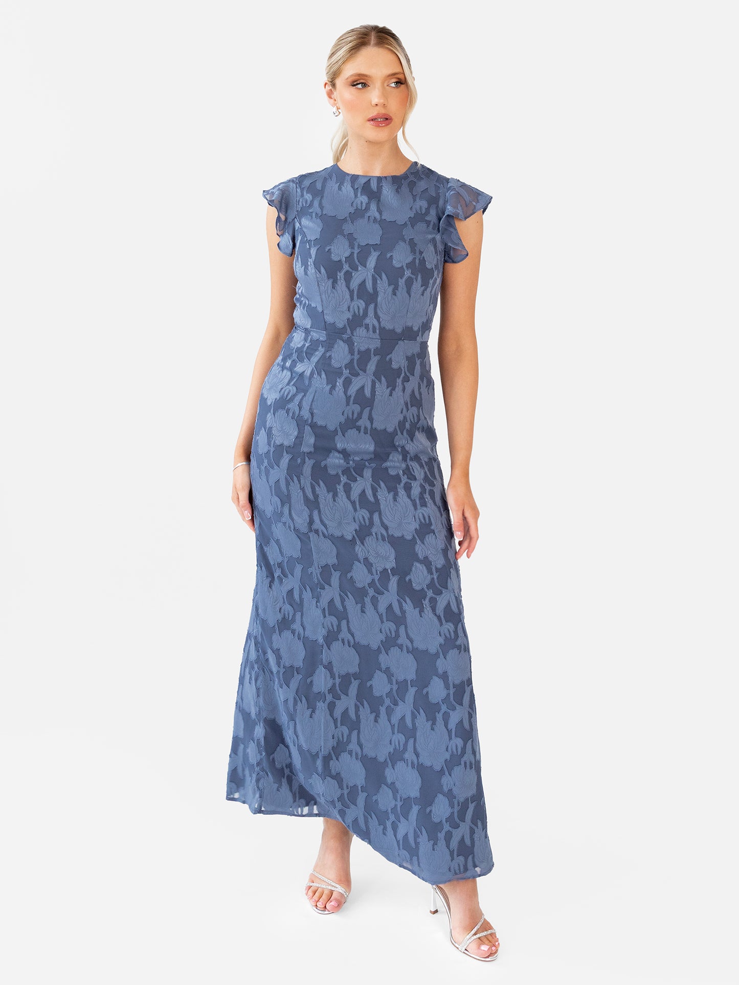 Anaya With Love Storm Blue Flutter Sleeve Maxi Dress with Self-Tie Back