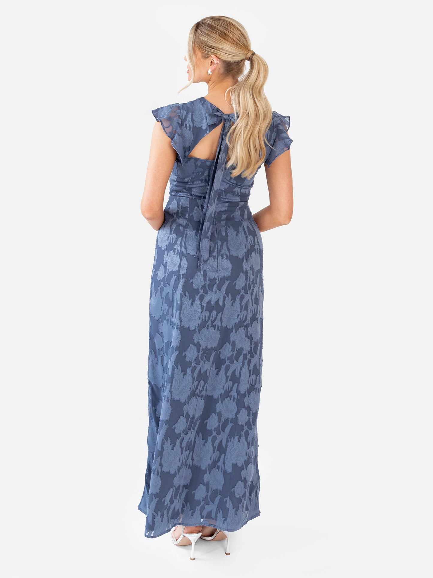 Anaya With Love Storm Blue Flutter Sleeve Maxi Dress with Self-Tie Back