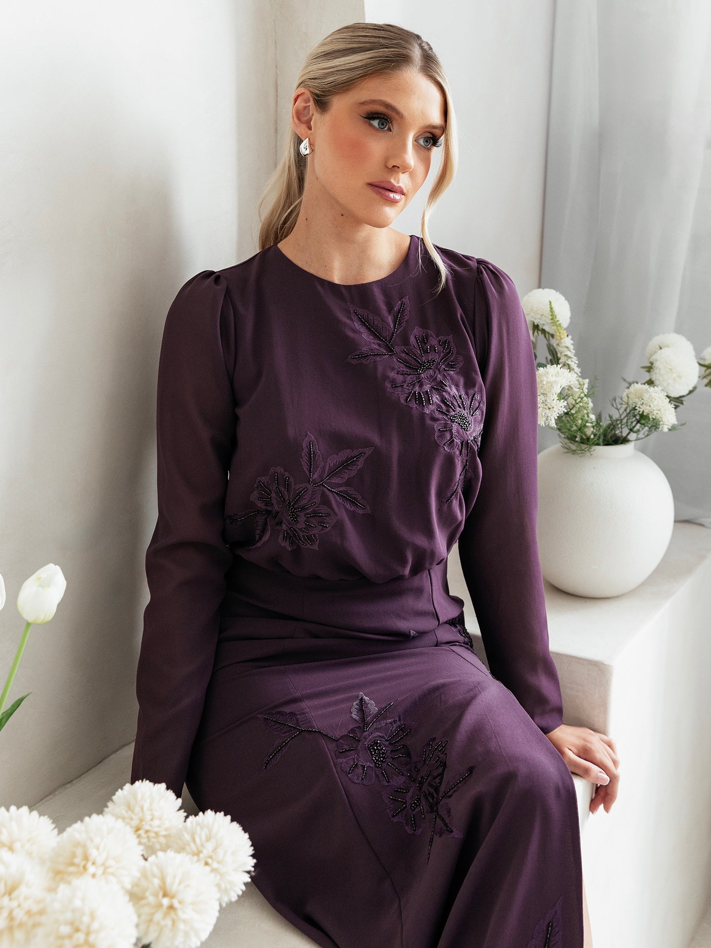 Maya Berry Floral Embroidered Long Sleeve Maxi Dress