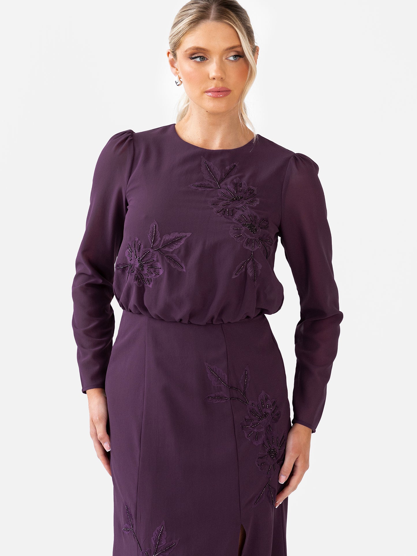 Maya Berry Floral Embroidered Long Sleeve Maxi Dress