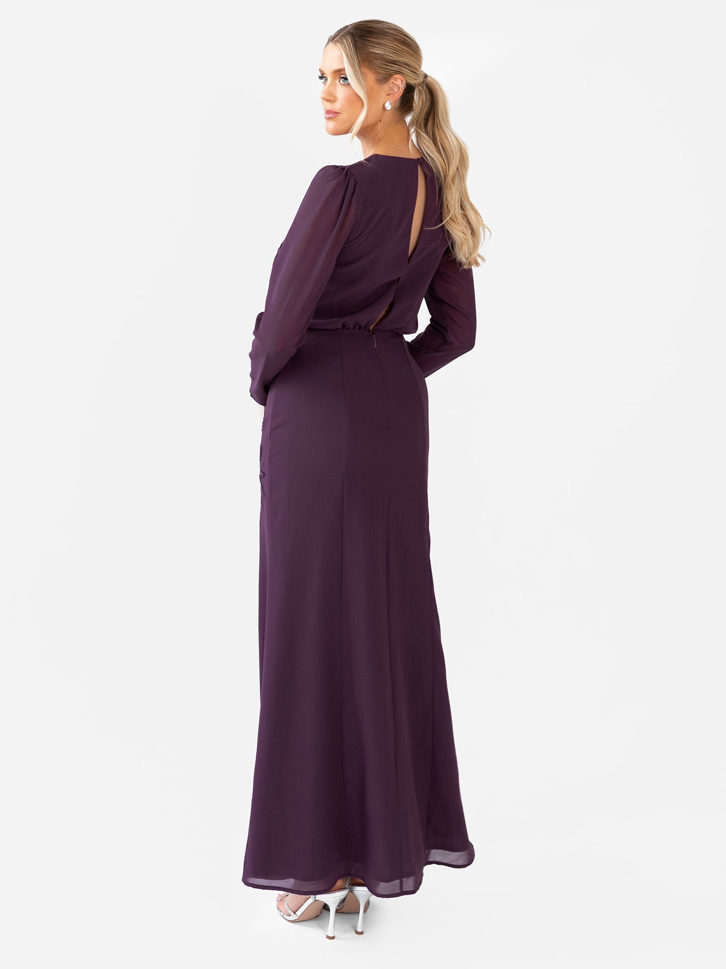 Maya Berry Floral Embroidered Long Sleeve Maxi Dress