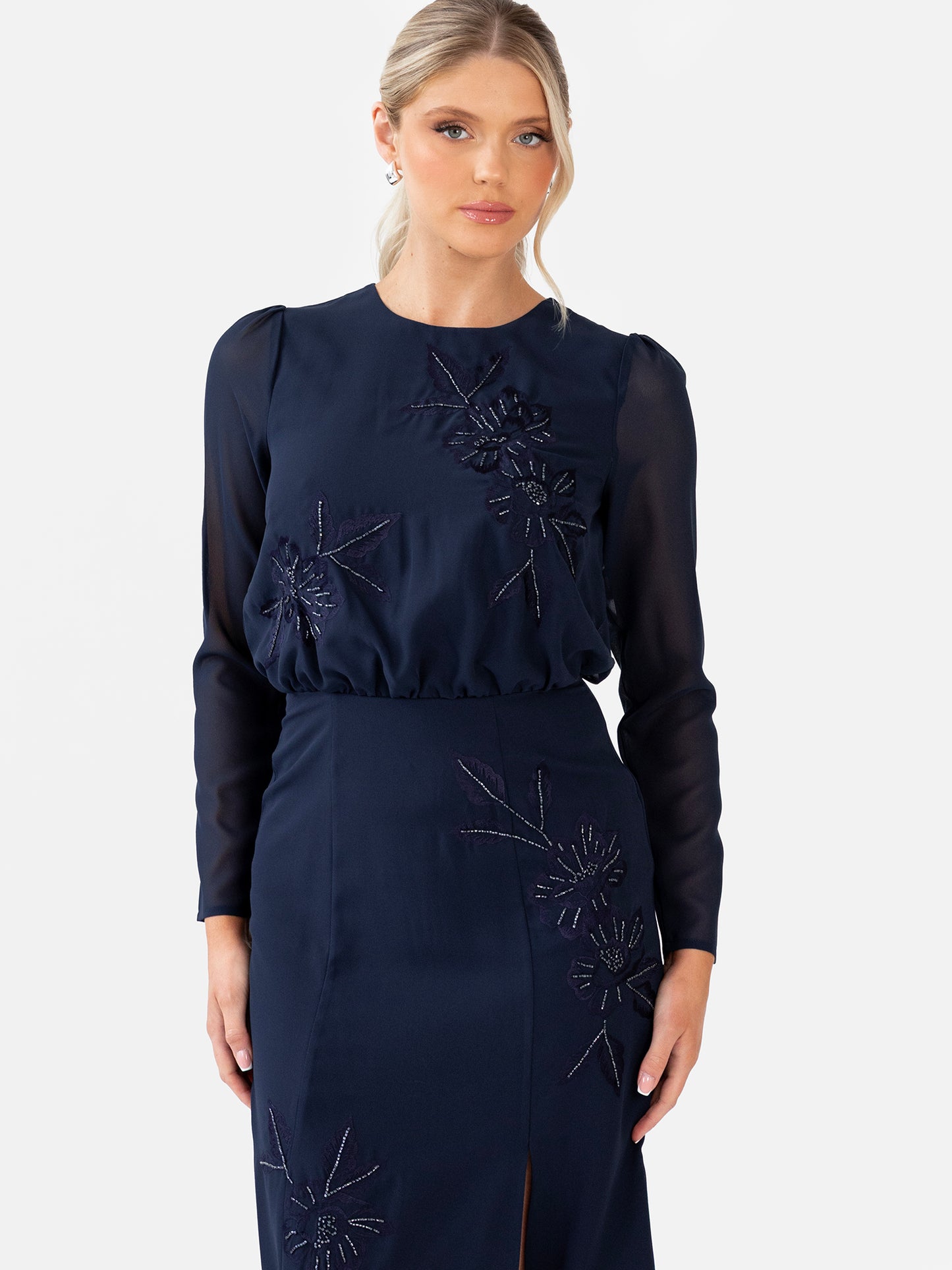 Maya Navy Floral Embroidered Long Sleeve Maxi Dress