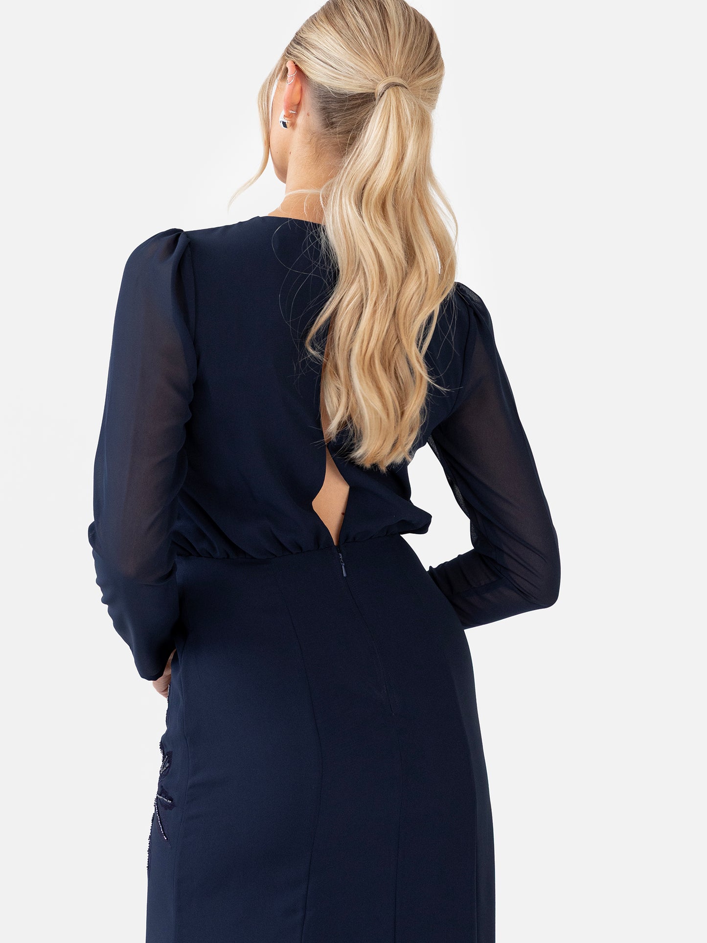 Maya Navy Floral Embroidered Long Sleeve Maxi Dress