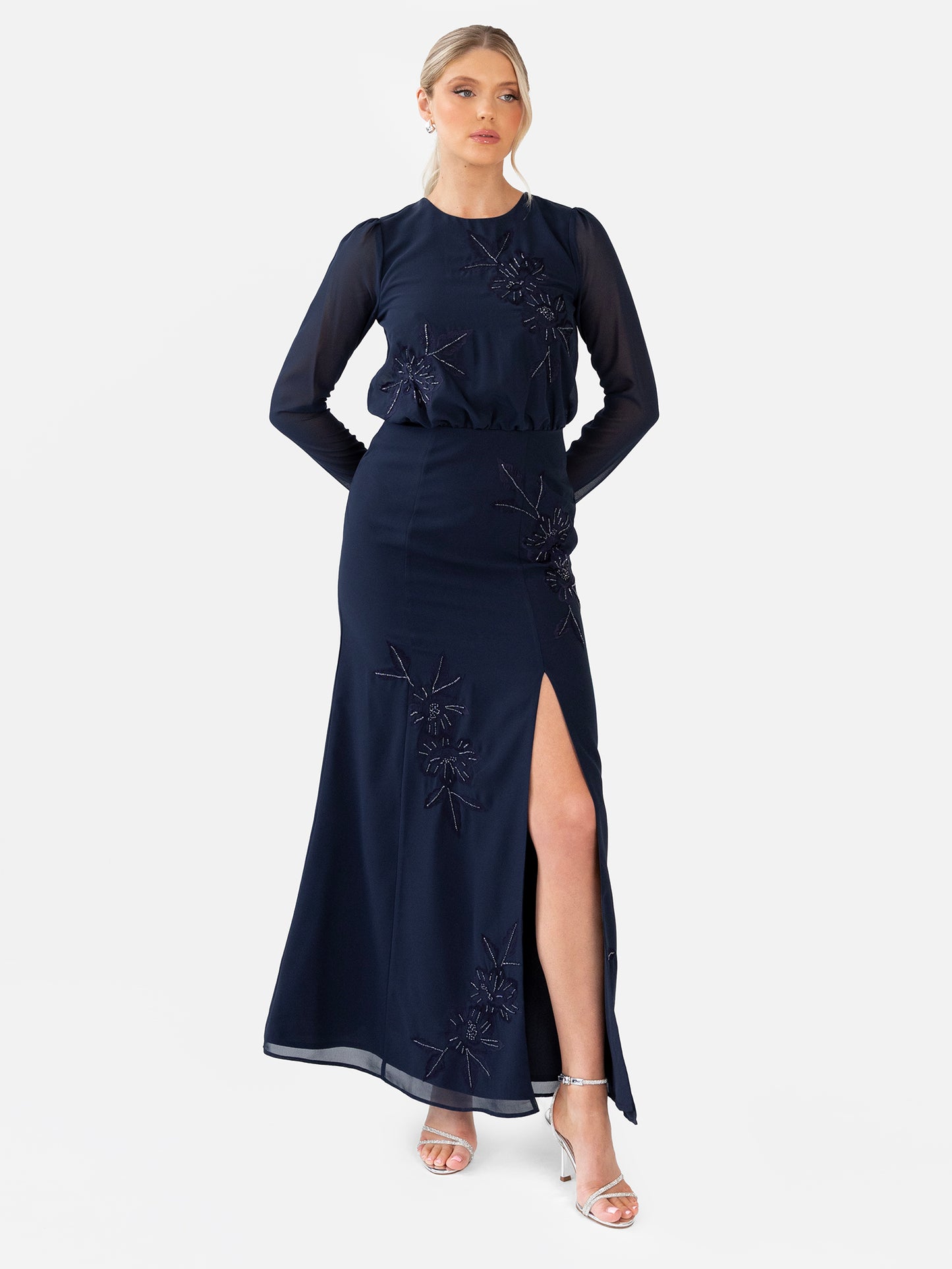 Maya Navy Floral Embroidered Long Sleeve Maxi Dress