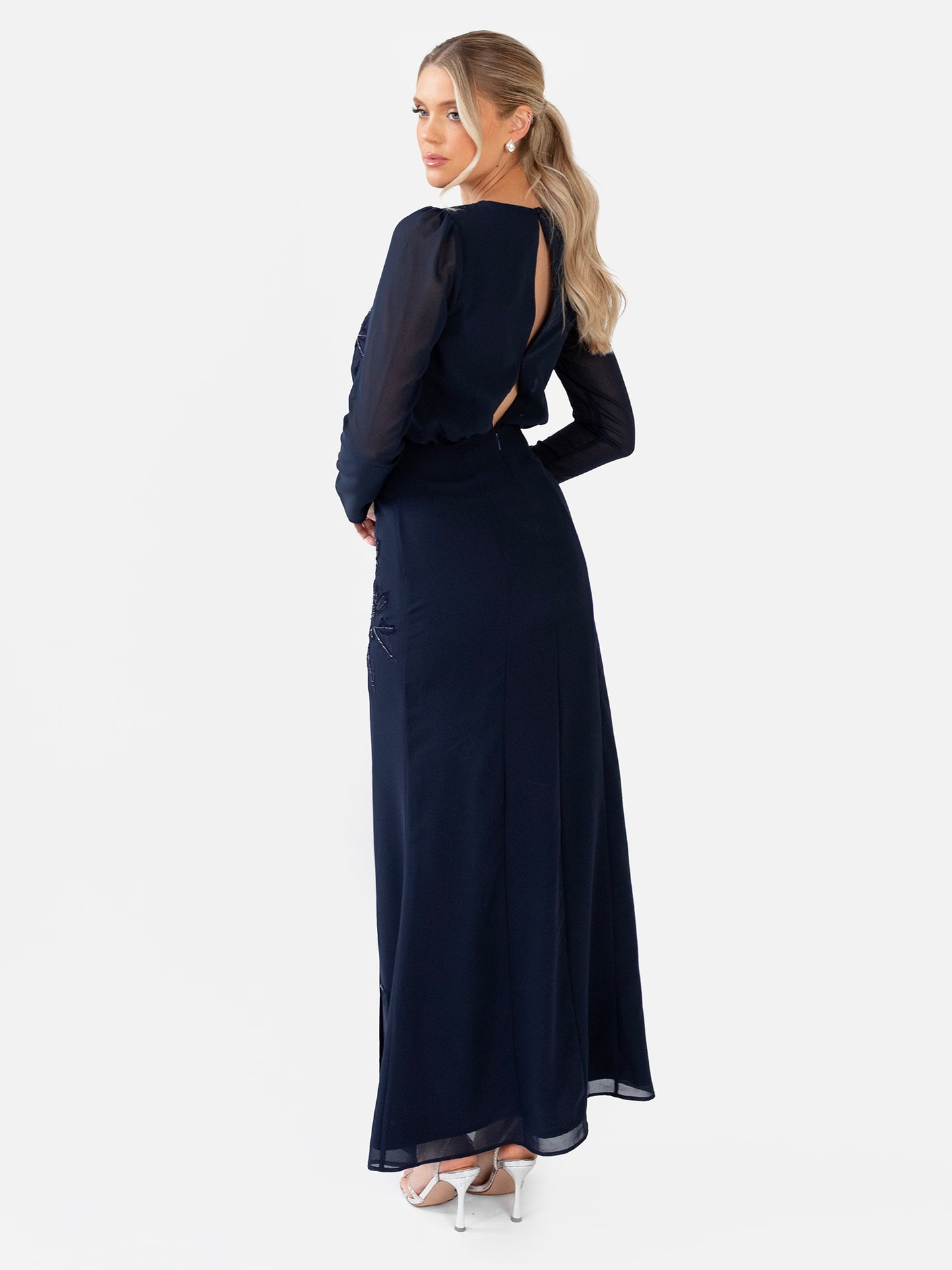 Maya Navy Floral Embroidered Long Sleeve Maxi Dress