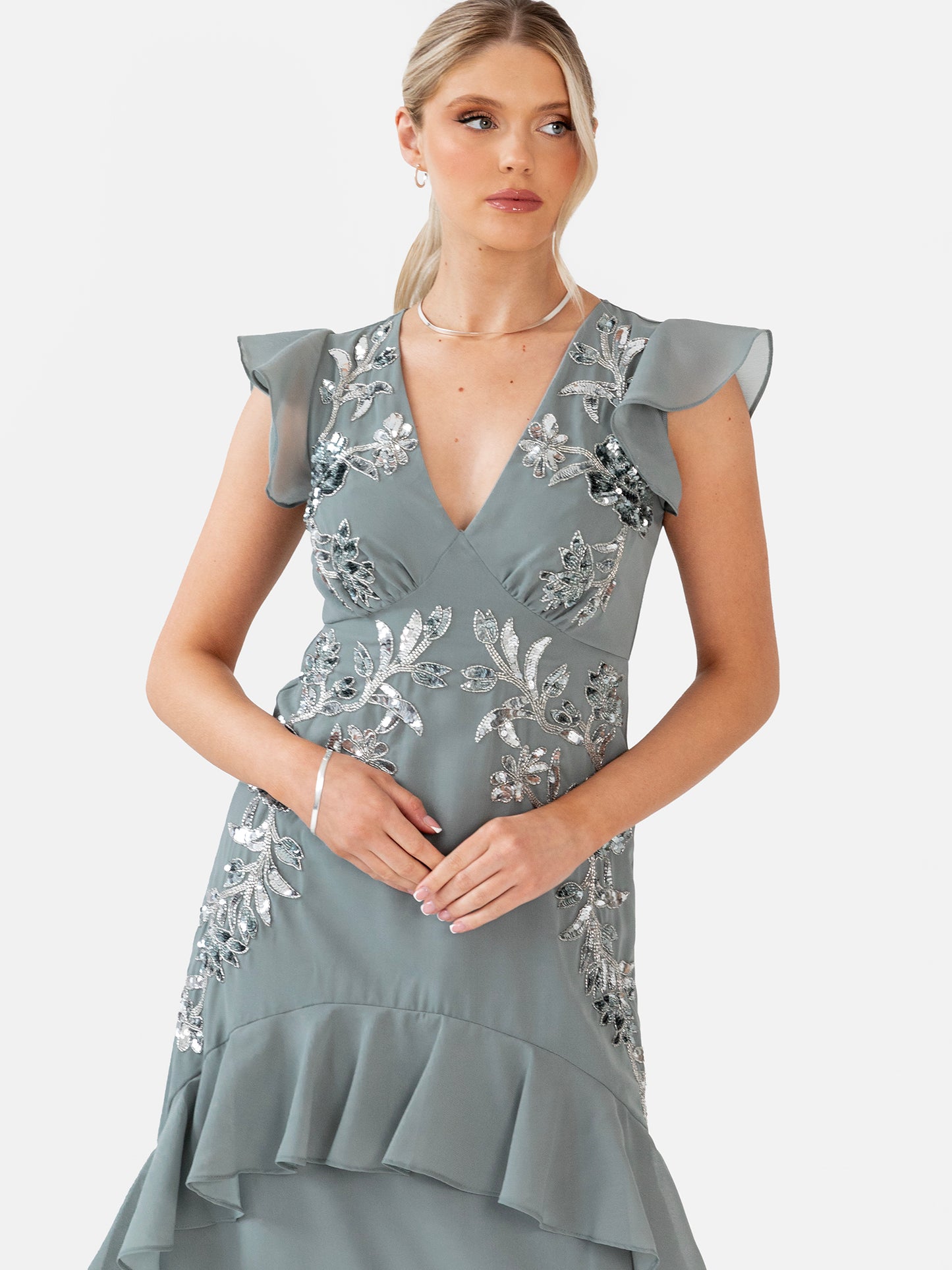 Maya Misty Green Embellished V Neck Ruffle Maxi Dress