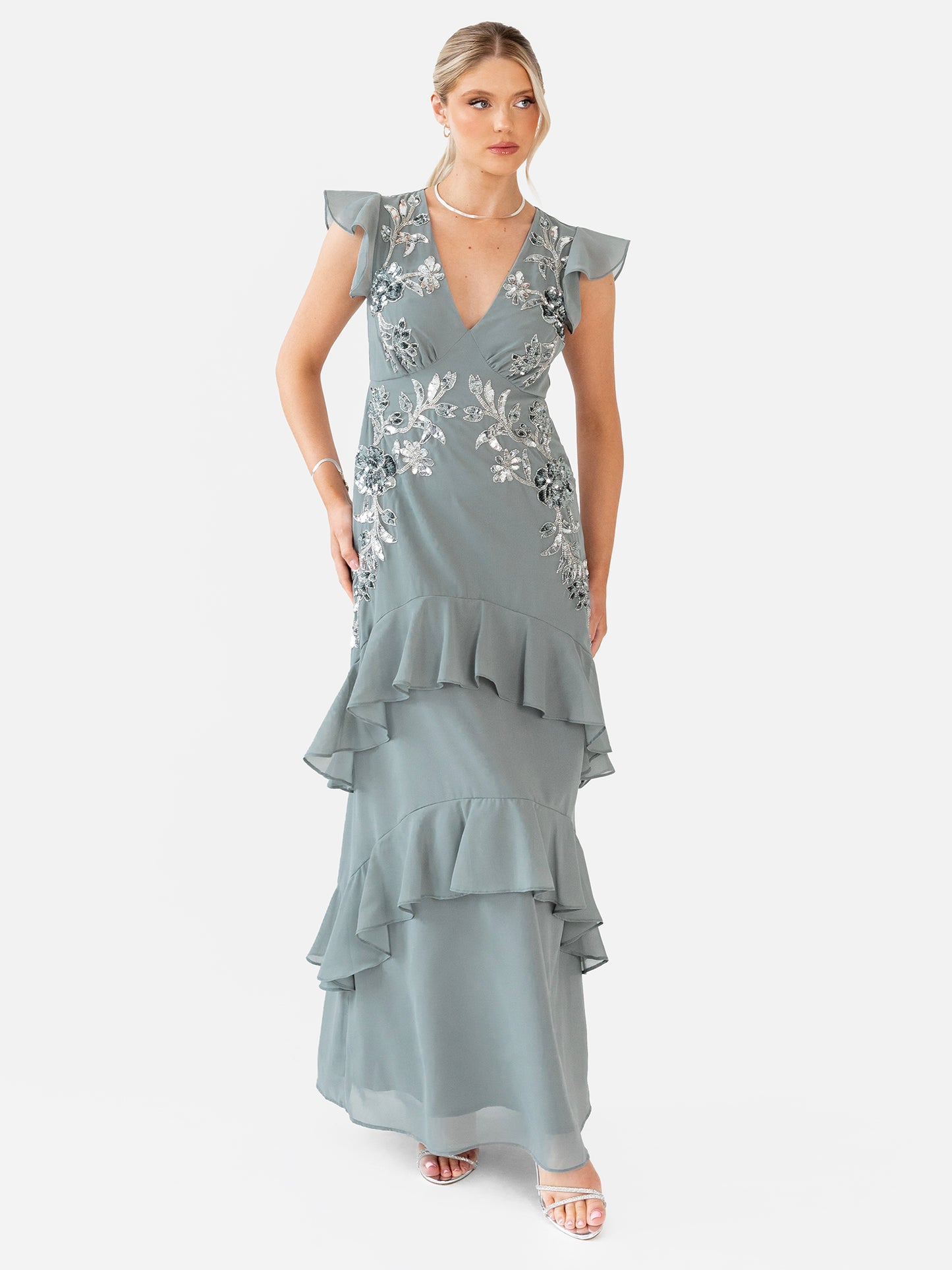 Maya Misty Green Embellished V Neck Ruffle Maxi Dress