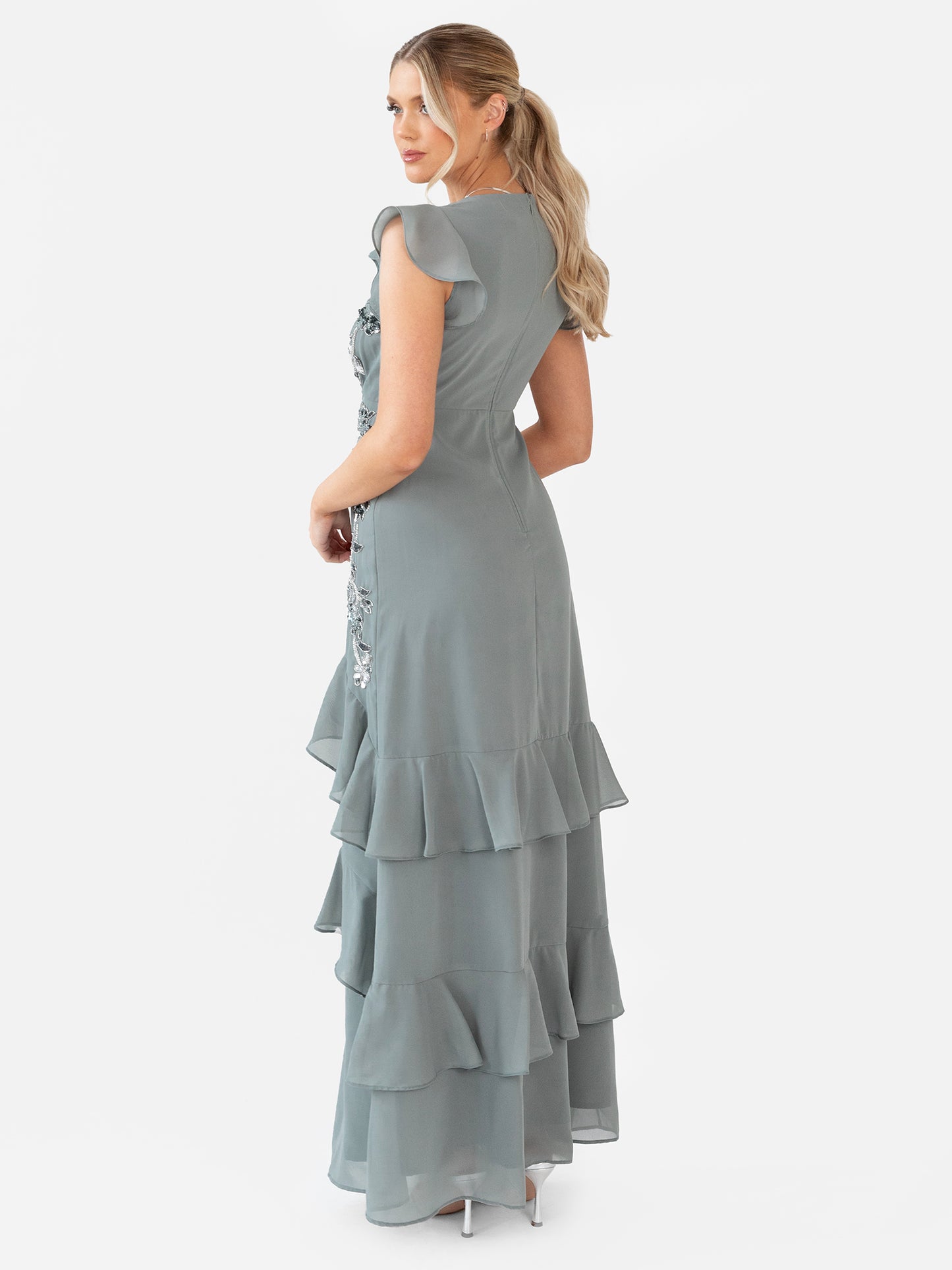 Maya Misty Green Embellished V Neck Ruffle Maxi Dress