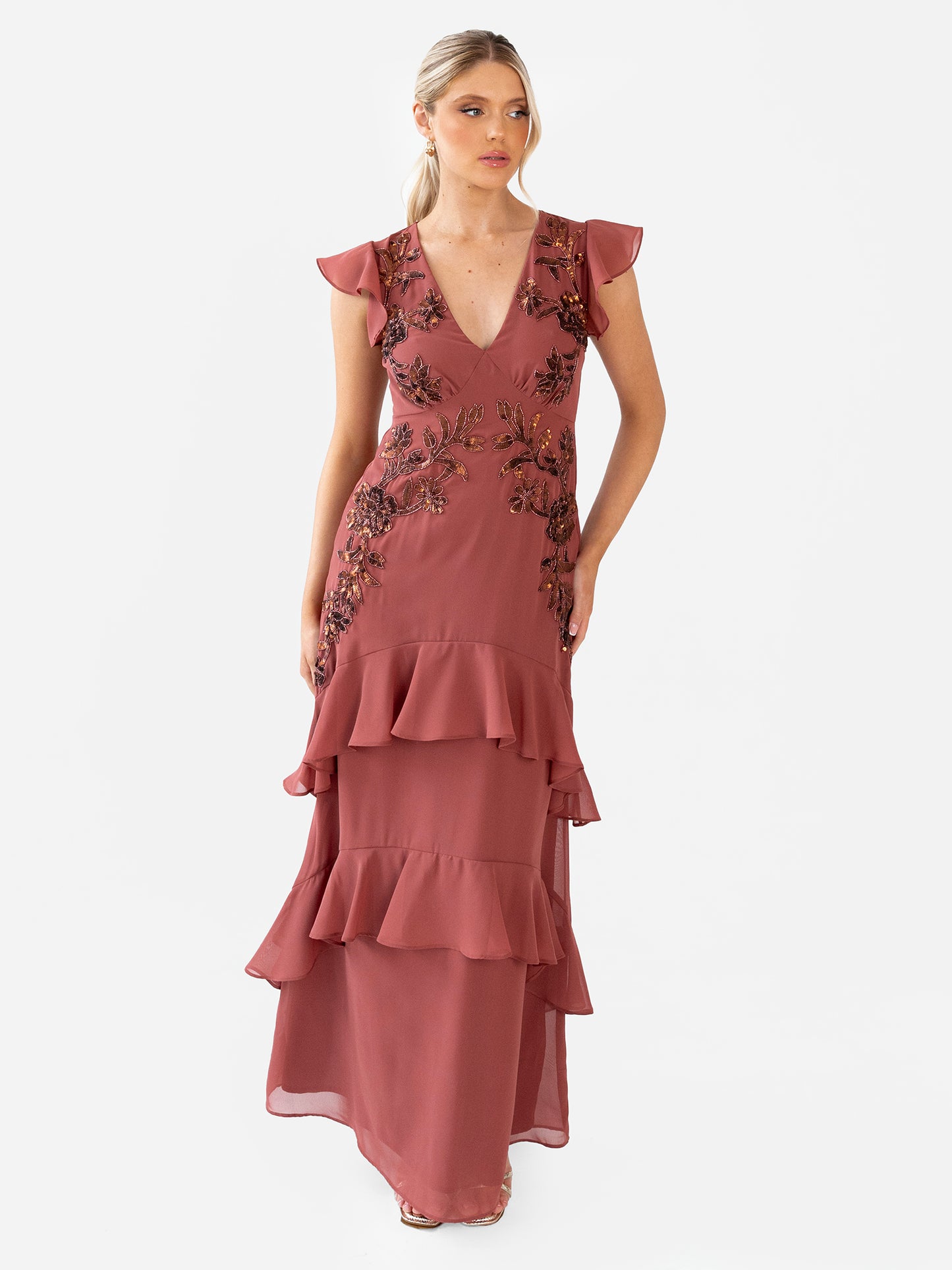 Maya Copper Rose Embellished V Neck Ruffle Maxi Dress