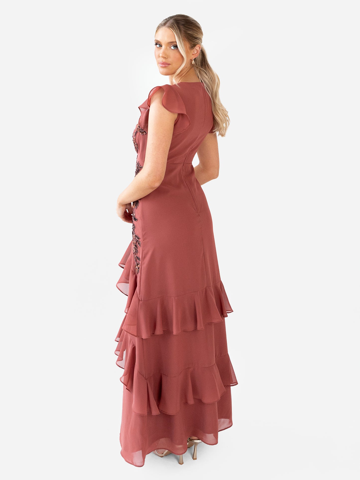 Maya Copper Rose Embellished V Neck Ruffle Maxi Dress