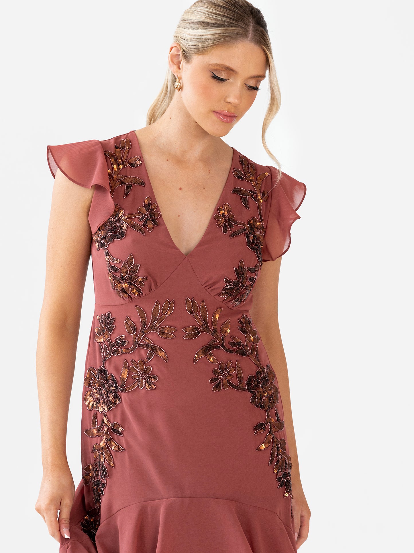 Maya Copper Rose Embellished V Neck Ruffle Maxi Dress