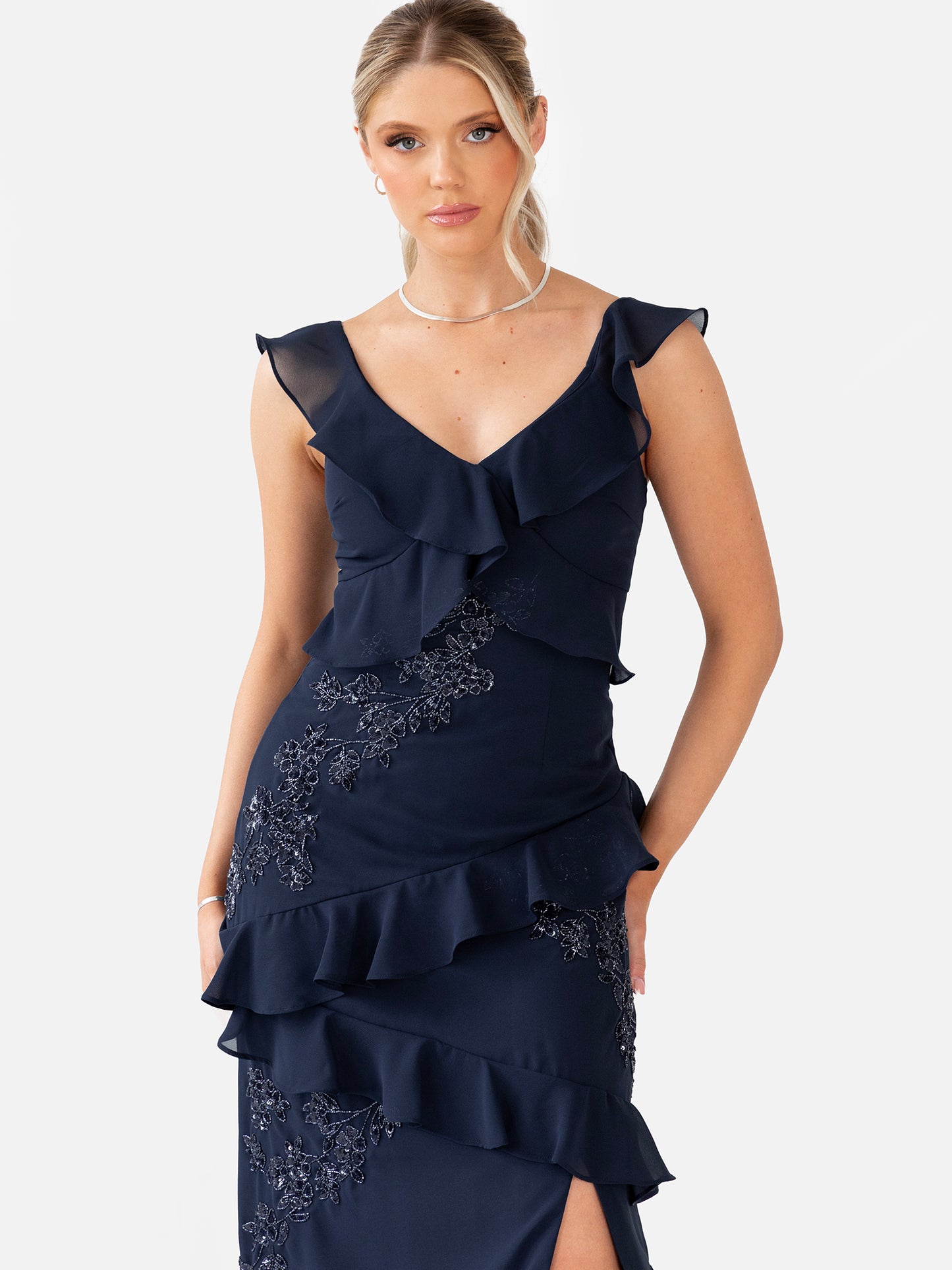 Maya Navy Floral Embellished Strappy Ruffle Maxi Dress