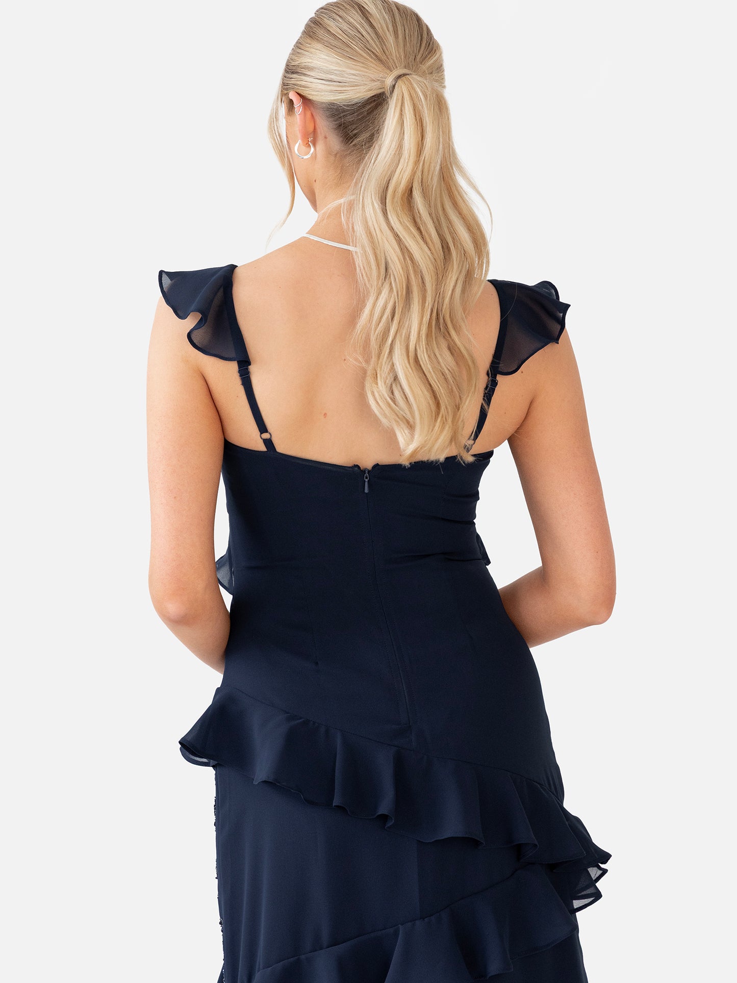 Maya Navy Floral Embellished Strappy Ruffle Maxi Dress