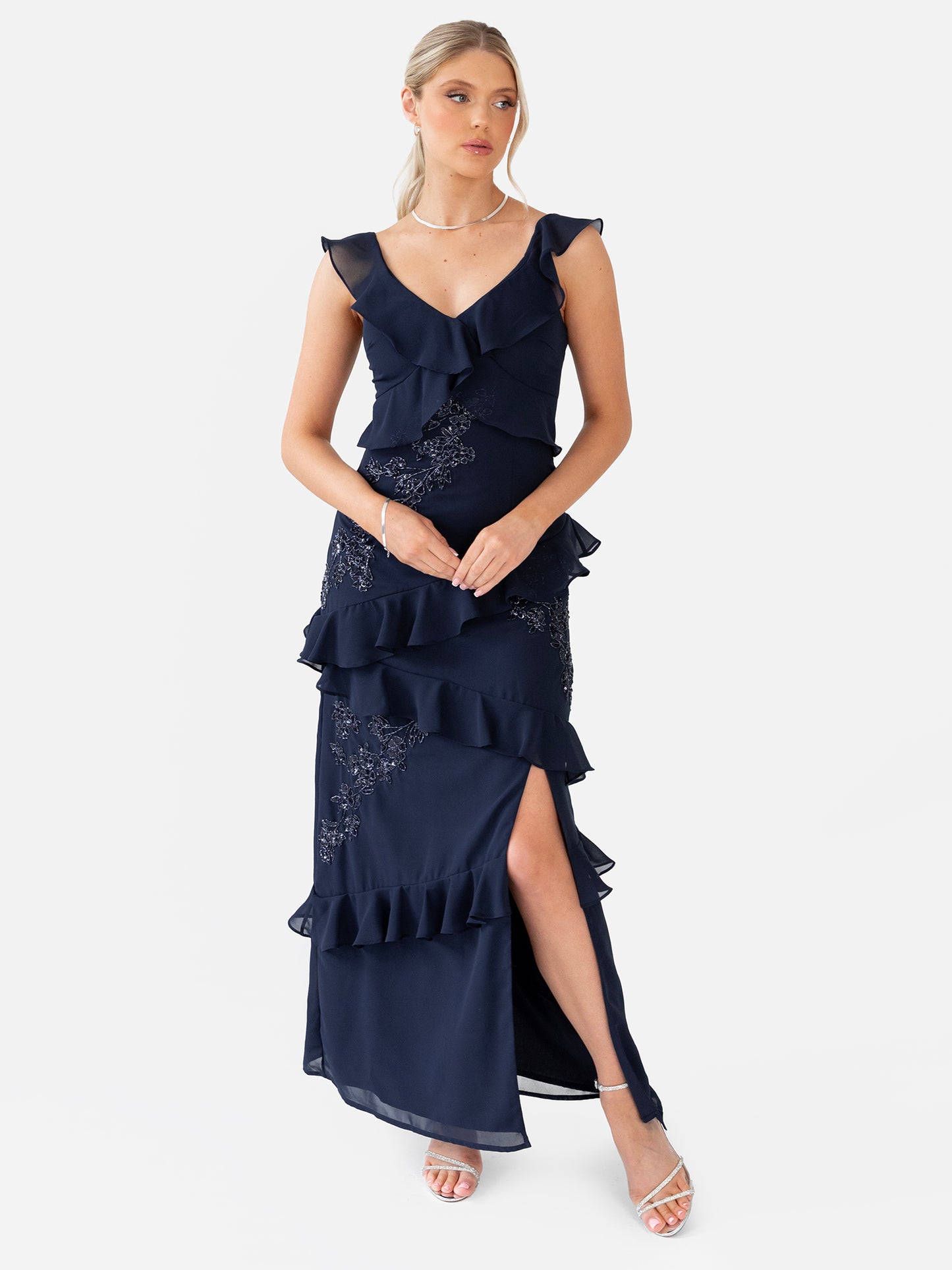 Maya Navy Floral Embellished Strappy Ruffle Maxi Dress