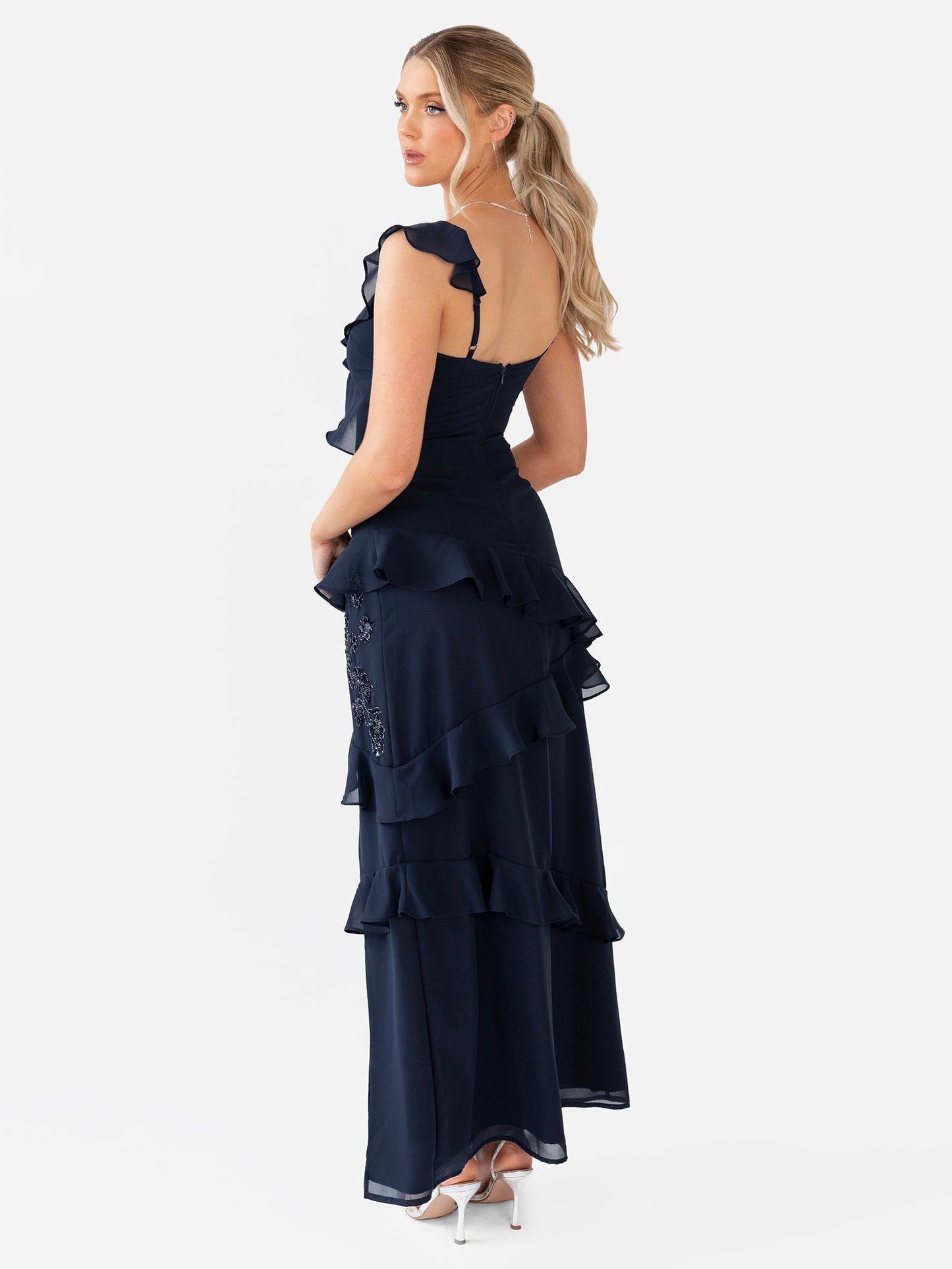 Maya Navy Floral Embellished Strappy Ruffle Maxi Dress