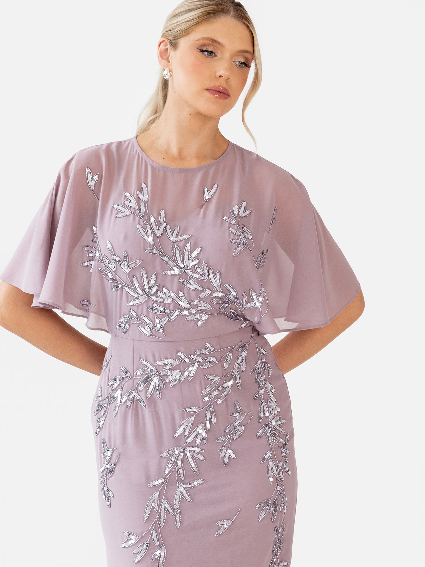 Maya Moody Lilac Floral Embellished Angel Sleeve Maxi Dress