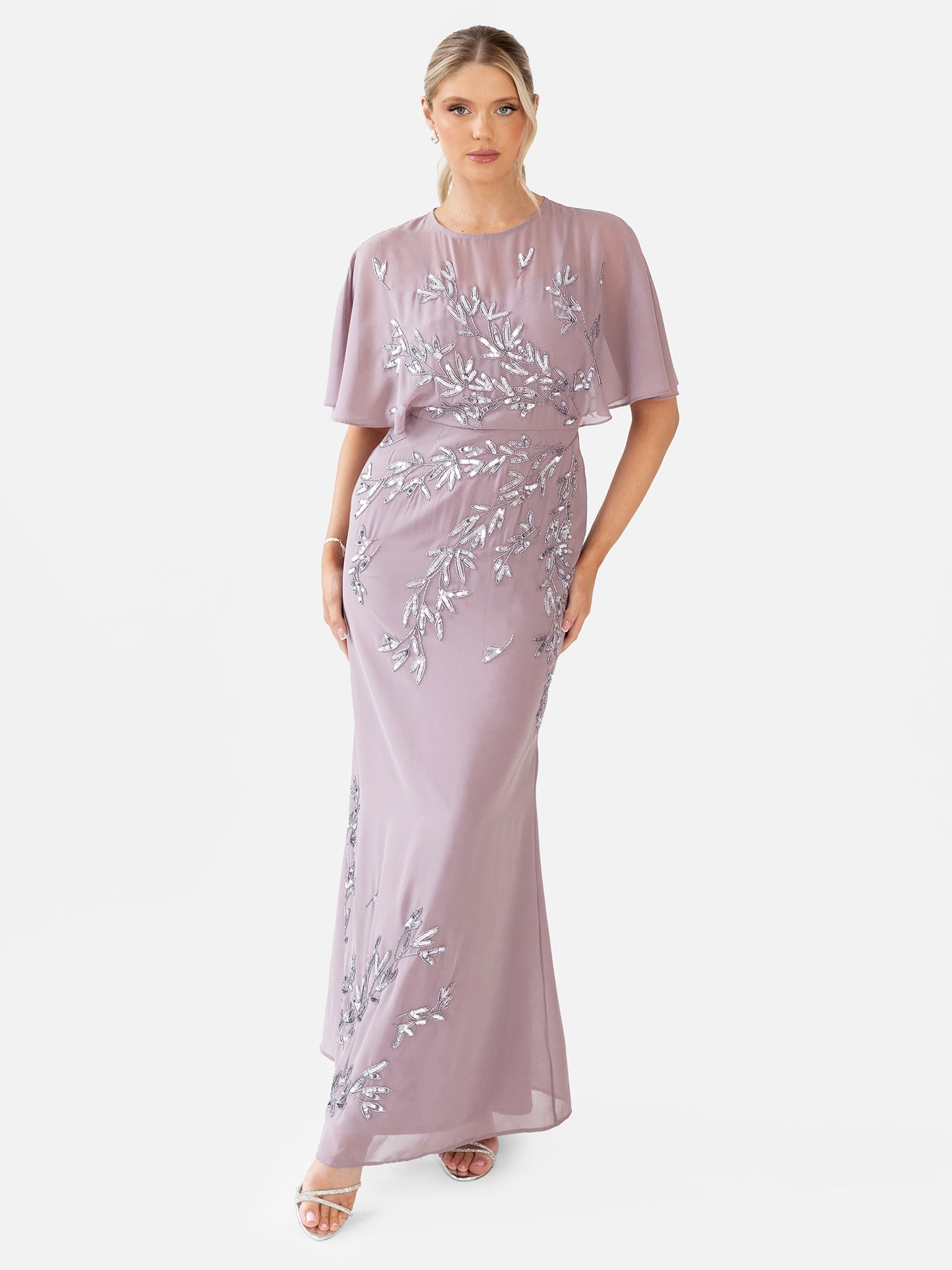 Maya Moody Lilac Floral Embellished Angel Sleeve Maxi Dress