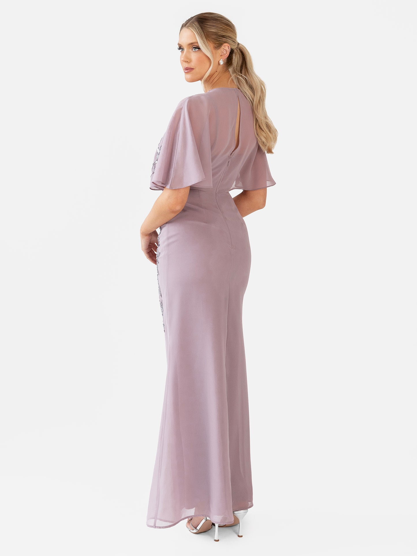Maya Moody Lilac Floral Embellished Angel Sleeve Maxi Dress