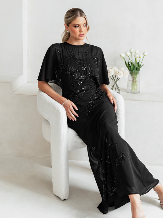 Maya Black Floral Embellished Angel Sleeve Maxi Dress