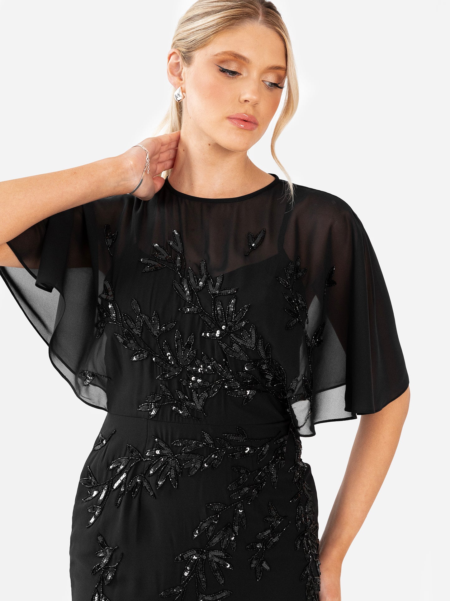 Maya Black Floral Embellished Angel Sleeve Maxi Dress