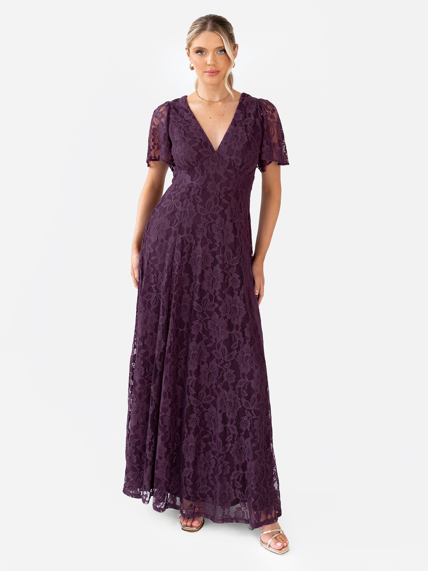 Maya Berry Lace V Neck Angel Sleeve Maxi Dress