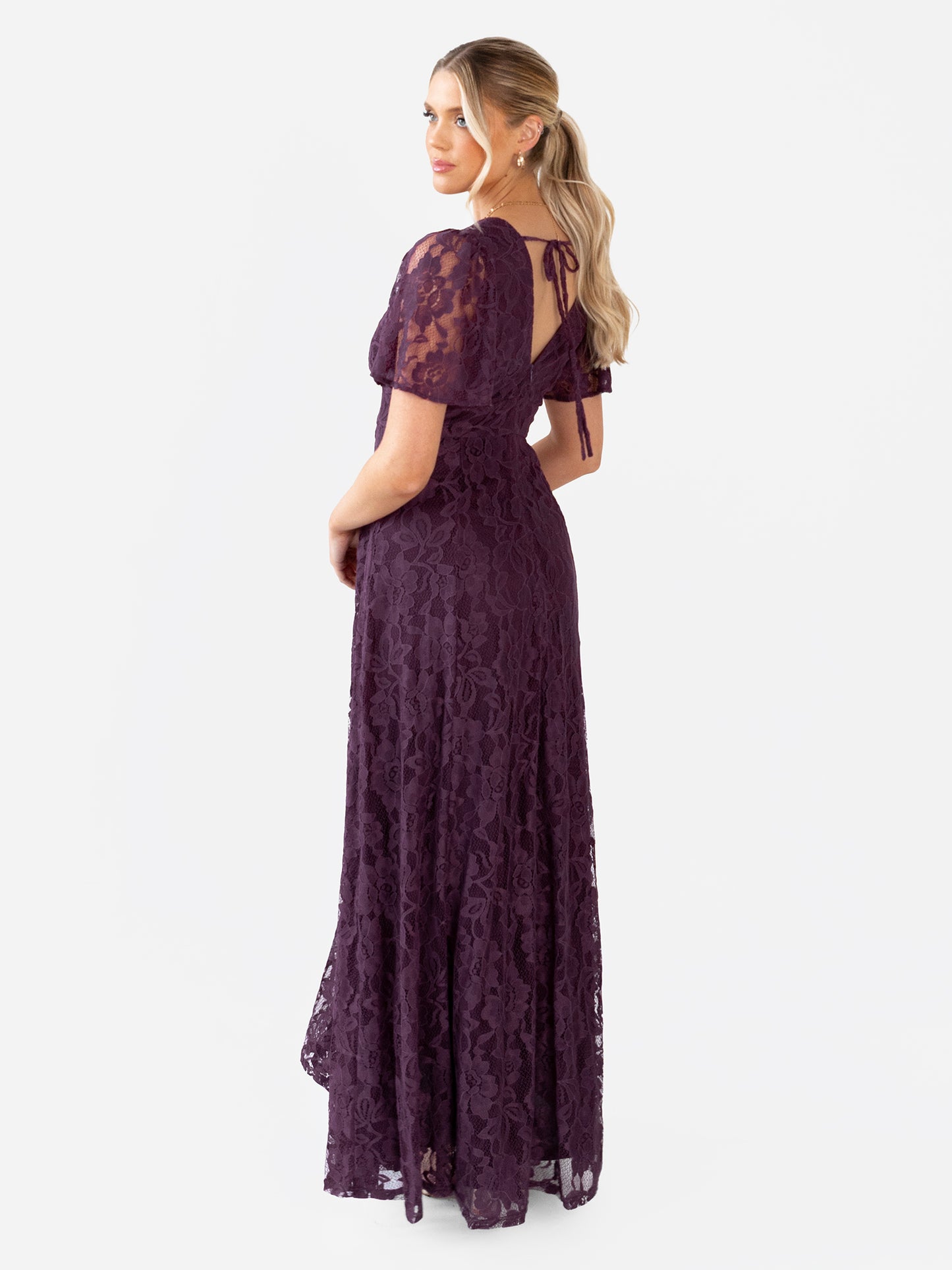 Maya Berry Lace V Neck Angel Sleeve Maxi Dress
