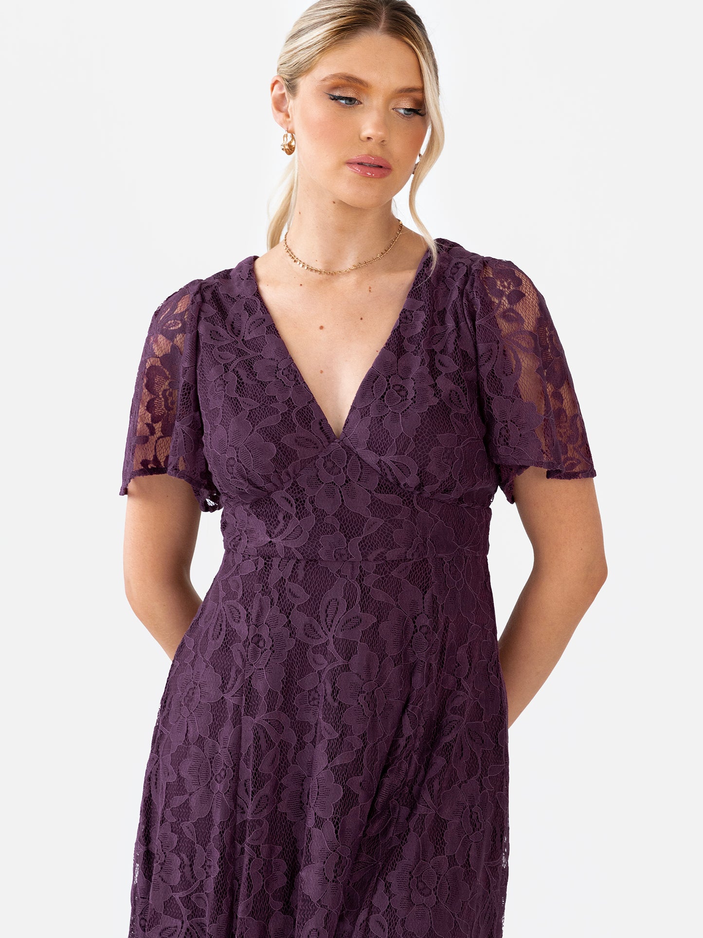 Maya Berry Lace V Neck Angel Sleeve Maxi Dress