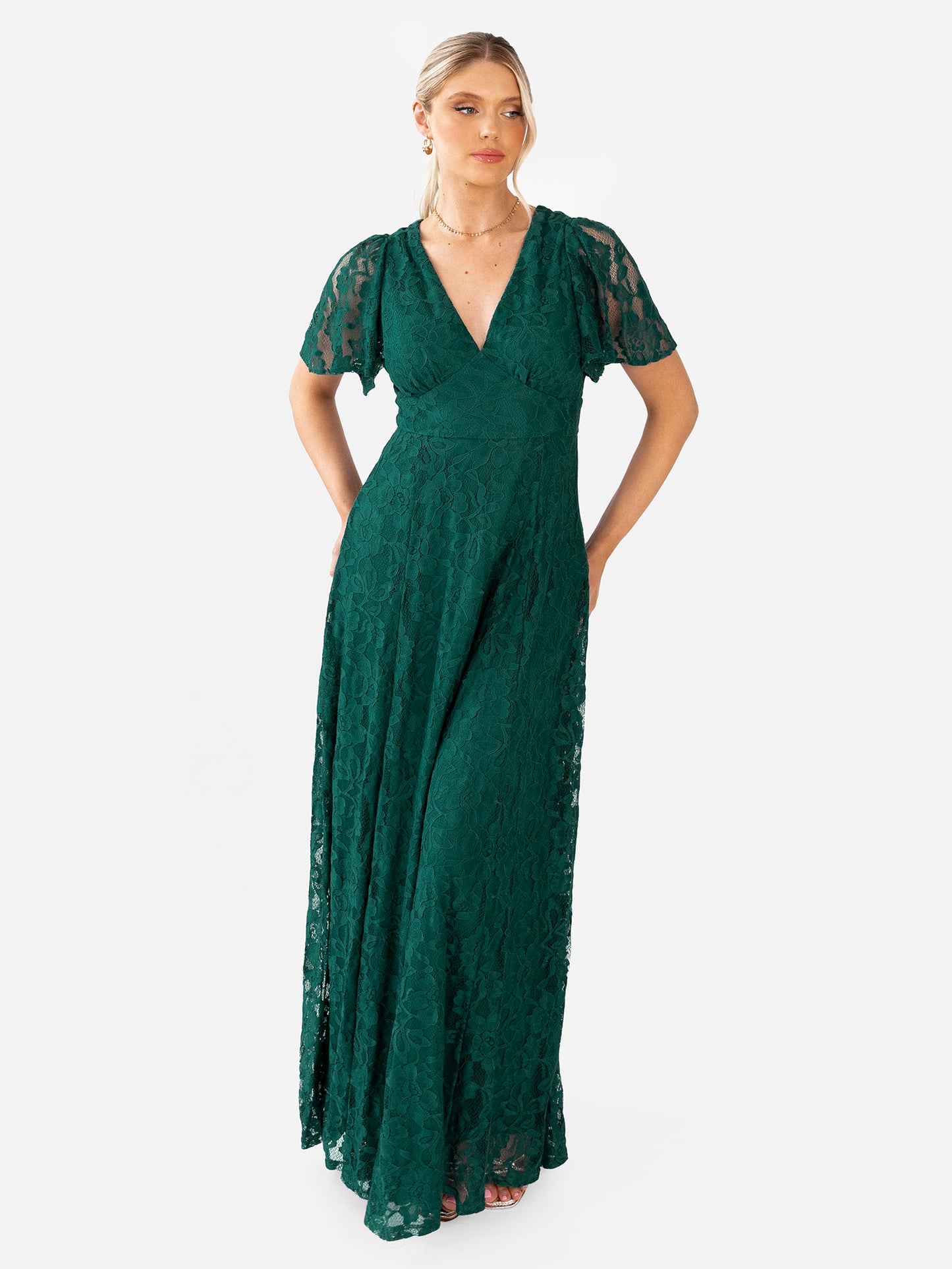 Maya Emerald Green Lace V Neck Angel Sleeve Maxi Dress