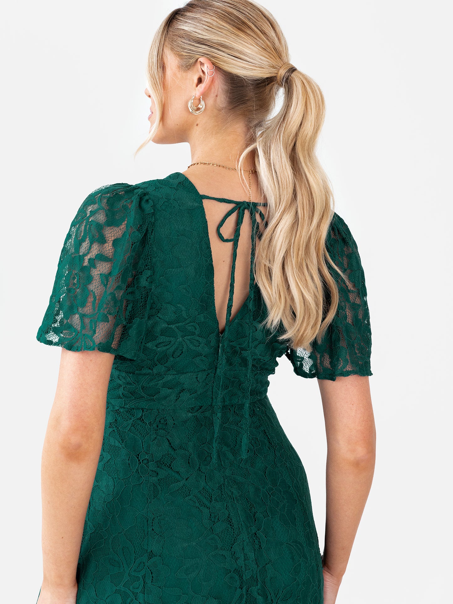 Maya Emerald Green Lace V Neck Angel Sleeve Maxi Dress