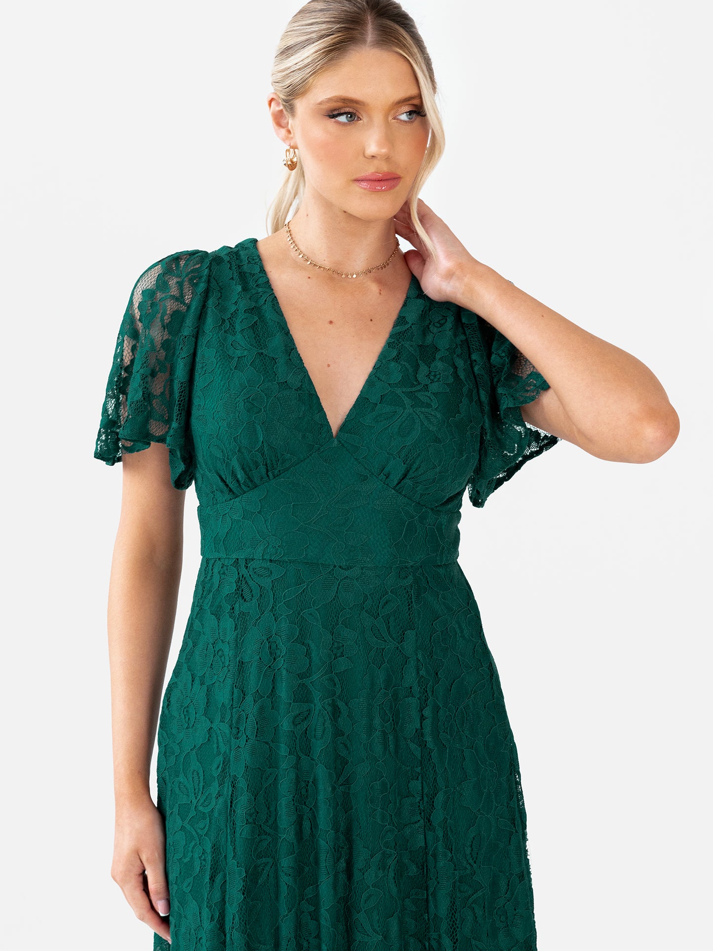 Maya Emerald Green Lace V Neck Angel Sleeve Maxi Dress