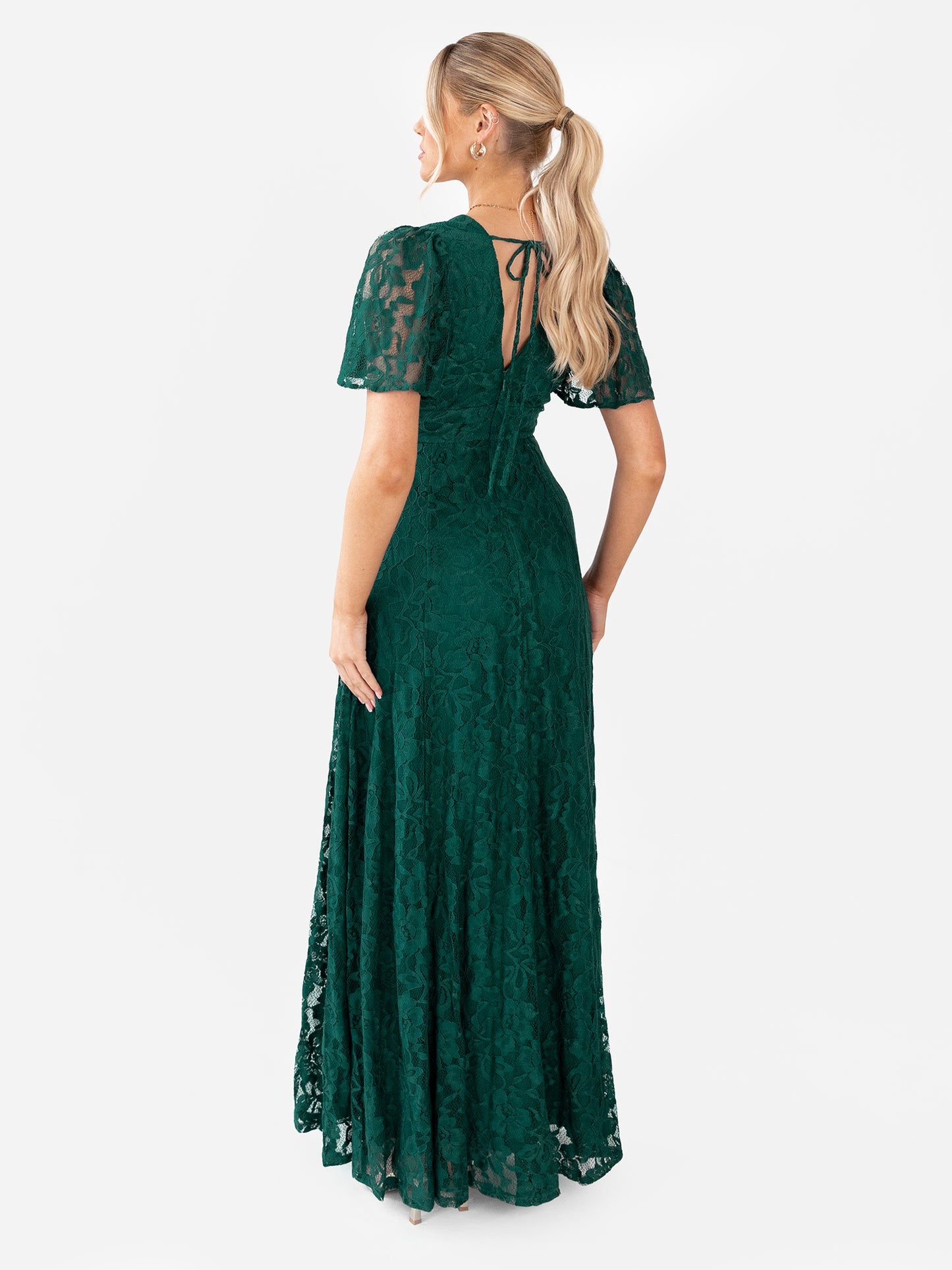 Maya Emerald Green Lace V Neck Angel Sleeve Maxi Dress